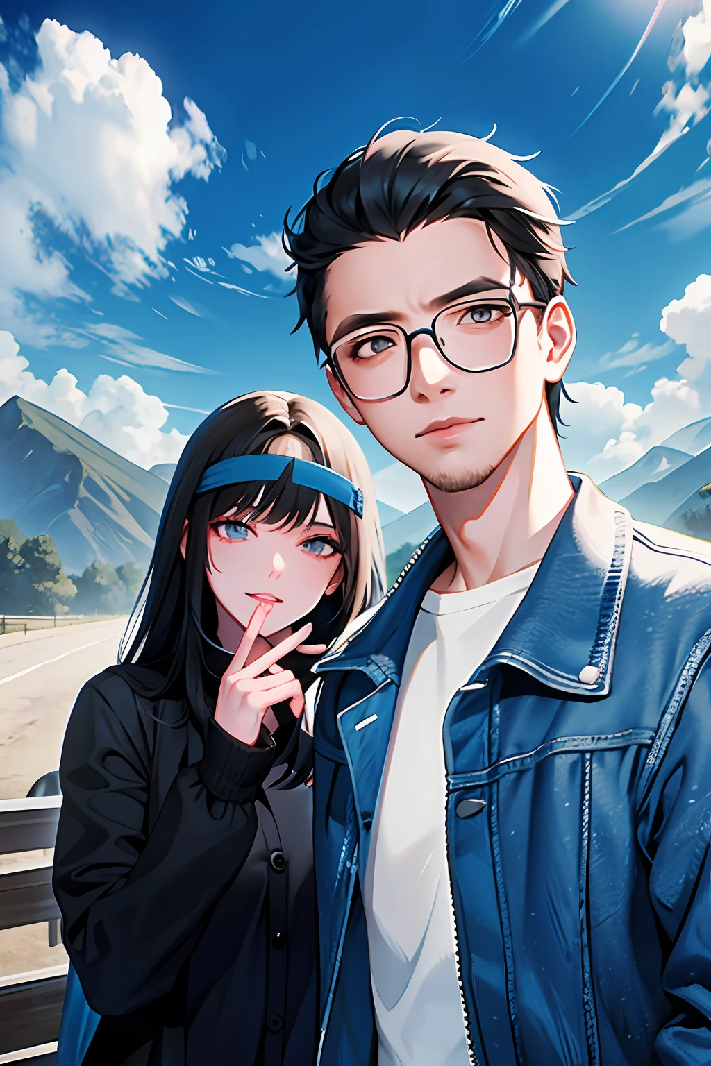 A cute girl,with a bike, background mountain, a boy with a motorcycle at opposite, they look at each other, saddy face