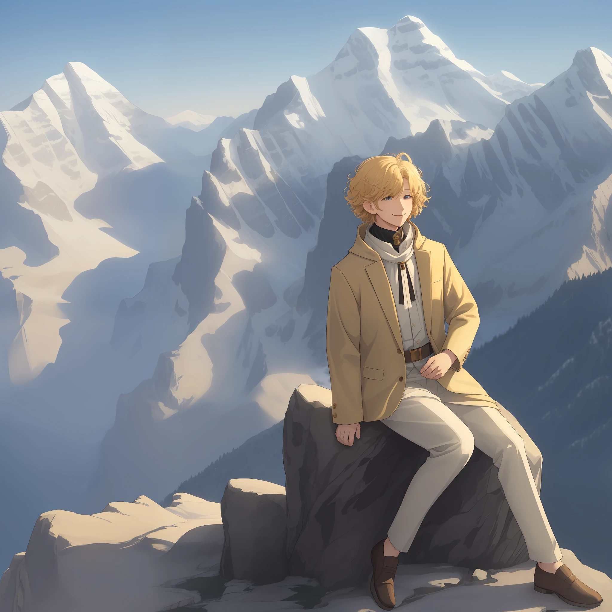 Angel, male gender, short curly hair, golden hair color, smile, Rocky mountains, scenery of total tranquility, radiating peace and serenity