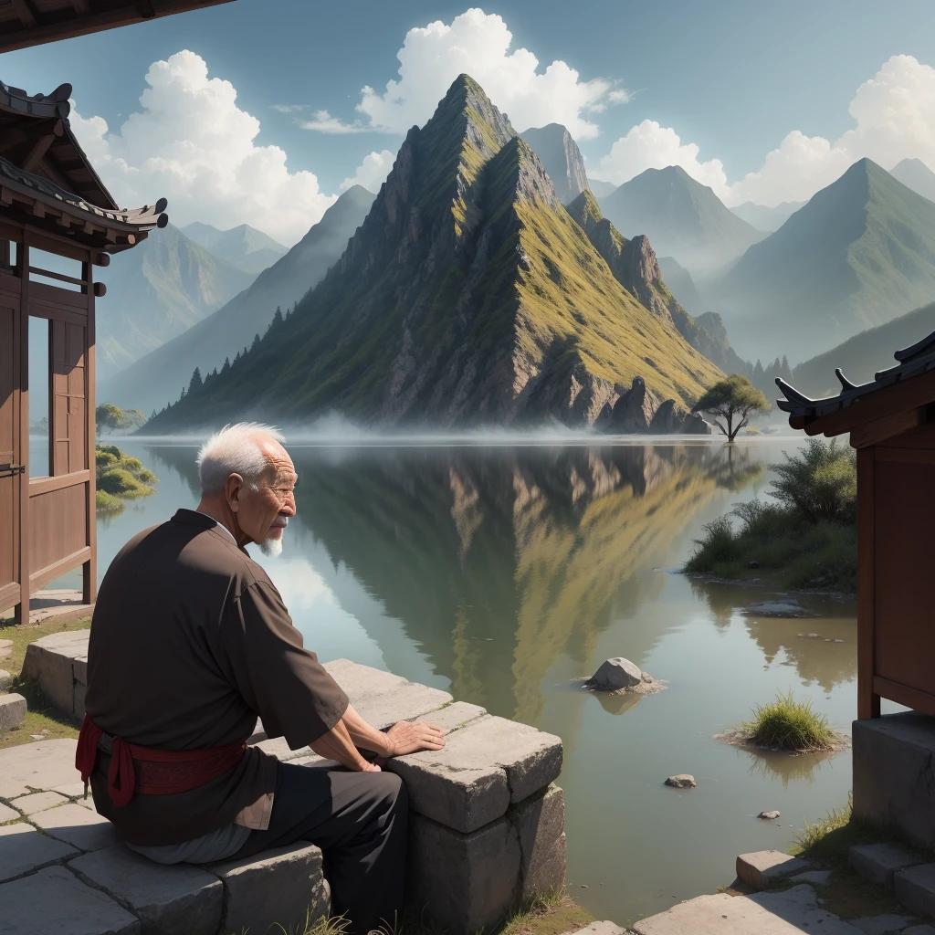 An old man in plain clothes in ancient China looked at the flood under the mountain, sitting on the flood of the mountain and helpless