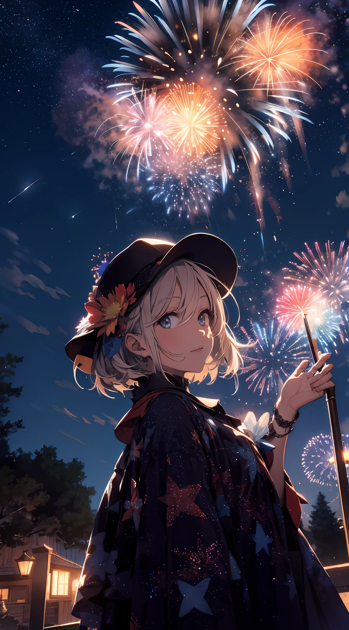 Night, fireworks, shooting stars, clouds