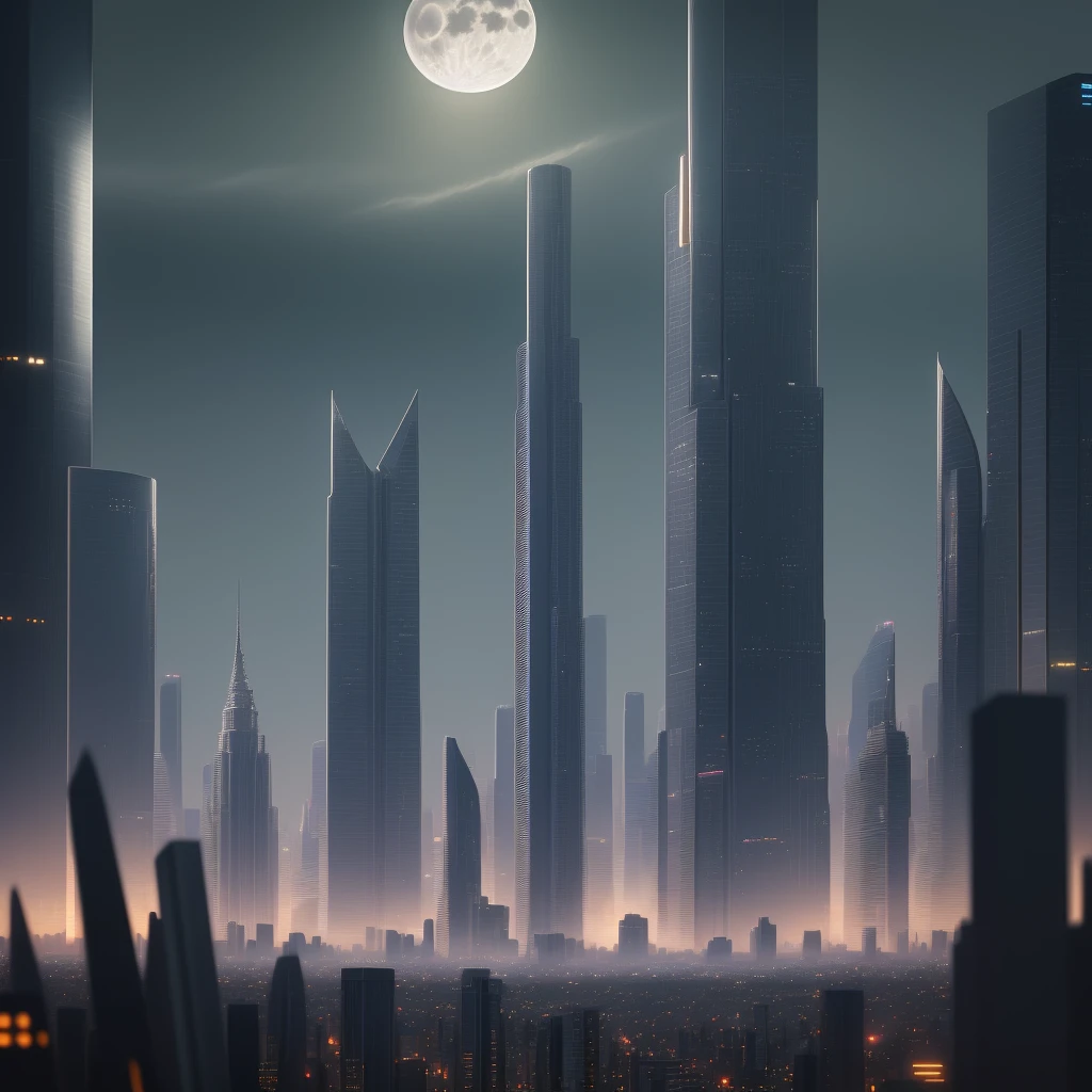 Landscape, a huge and ominous skyscraper towering over a cyberpunk cityscape extending beyond the horizon, night sky, full moon, masterpiece, best quality, intricate detail, absurdity, chromatic aberration, depth of field, professional photography, soft light, tone mapping, very detailed, sharp focus, dramatic lighting, complex detail, film, 8K, incredible shadows, realistic, (highly detailed background: 1.0)
