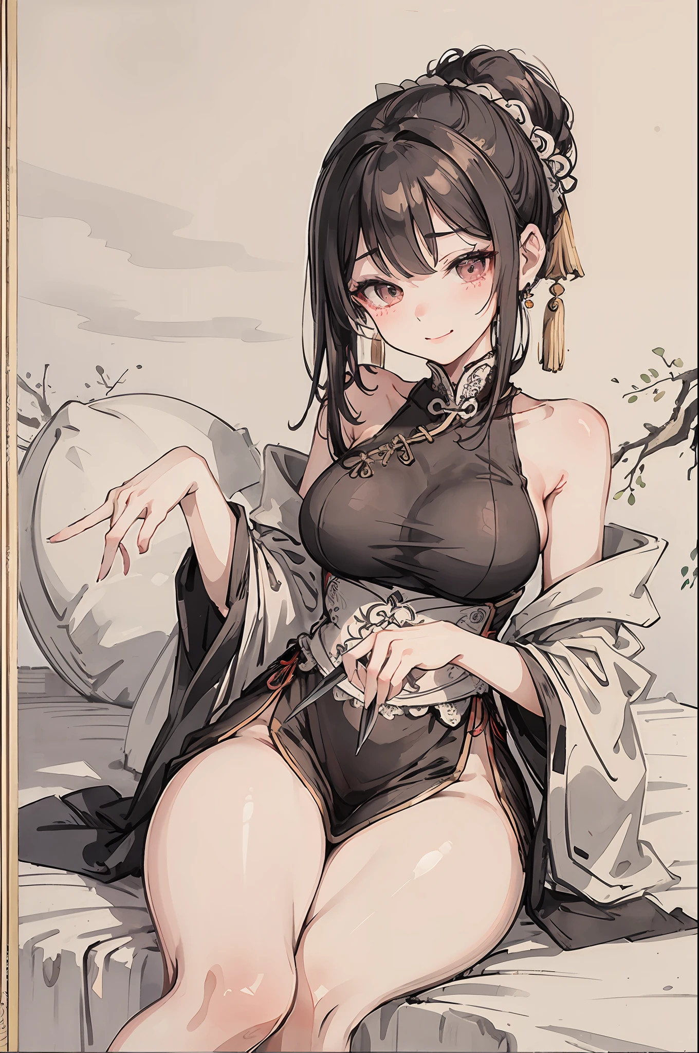 (masterpiece, best quality: 1.2), traditional Chinese ink painting, A cute 18 year old prostitute with gigantic breasts, sexy white lace , Oversized dress :1.5, Couch, Ultra-detailed face, Detailed eyes, Double eyelid, sfw , evil smile:1.4 ,emphasizing slender abs :1.3, holding a knife:1.5