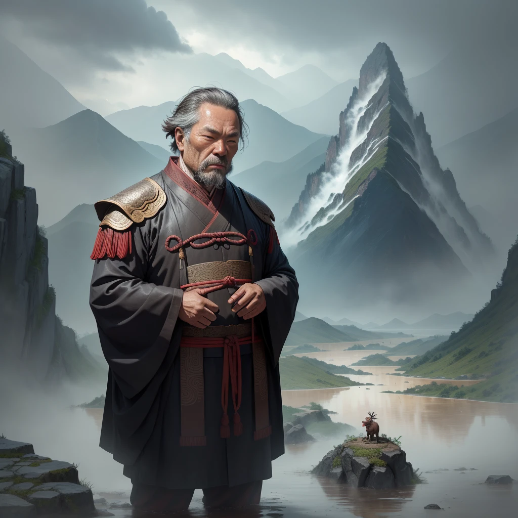 In ancient China, a middle-aged man with a solemn and dignified demeanor stood on the mountain, watching the flood below the mountain, rain and thunder