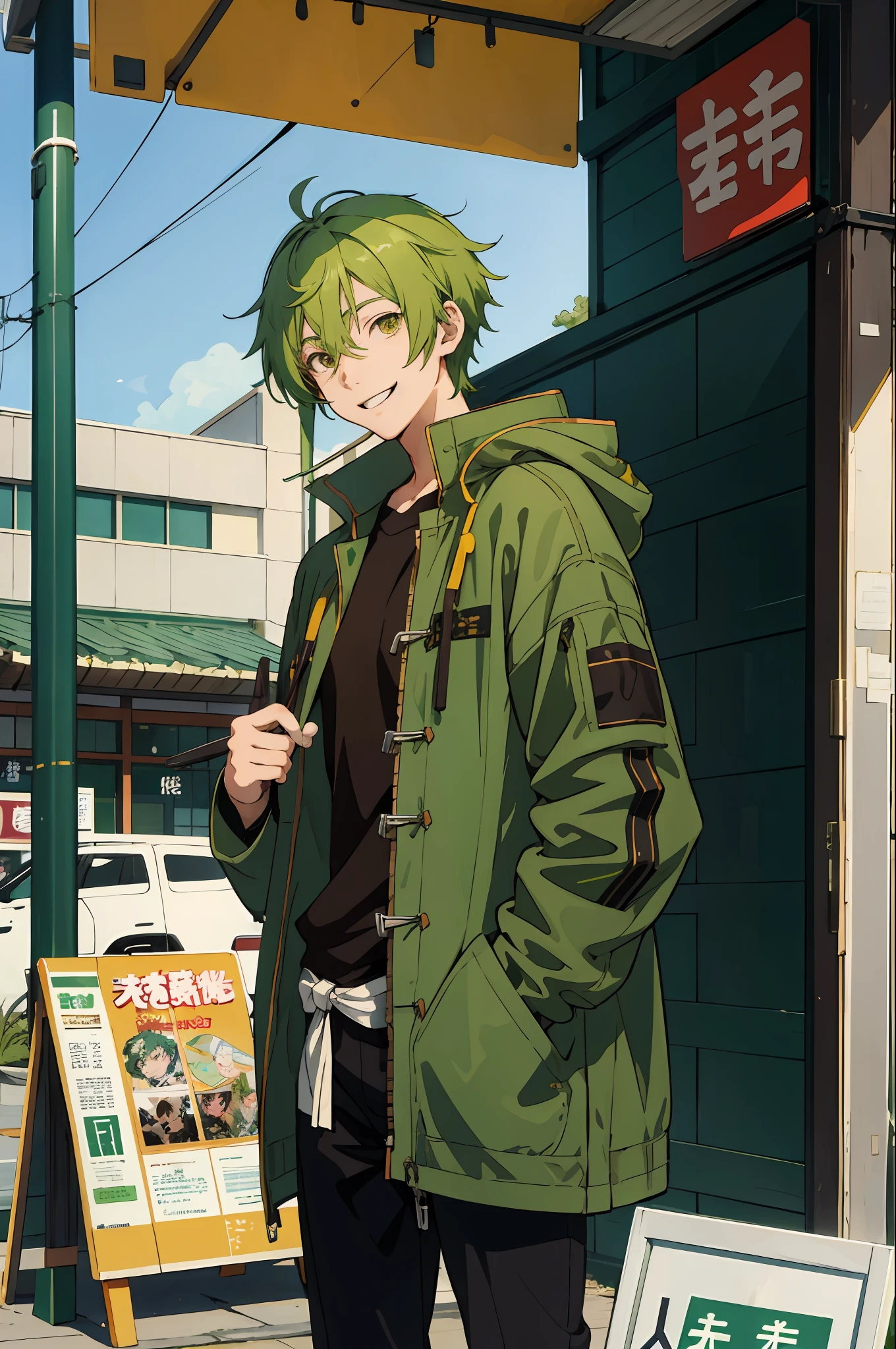 Green hair, brown eyes, Asperm hairstyle, anime male character, wearing casual coat, pixiv, Shin hanga, anime boy, inspired by anime moe art style received anime picture style, sunny, now in front of convenience store, lively and cheerful, smiling