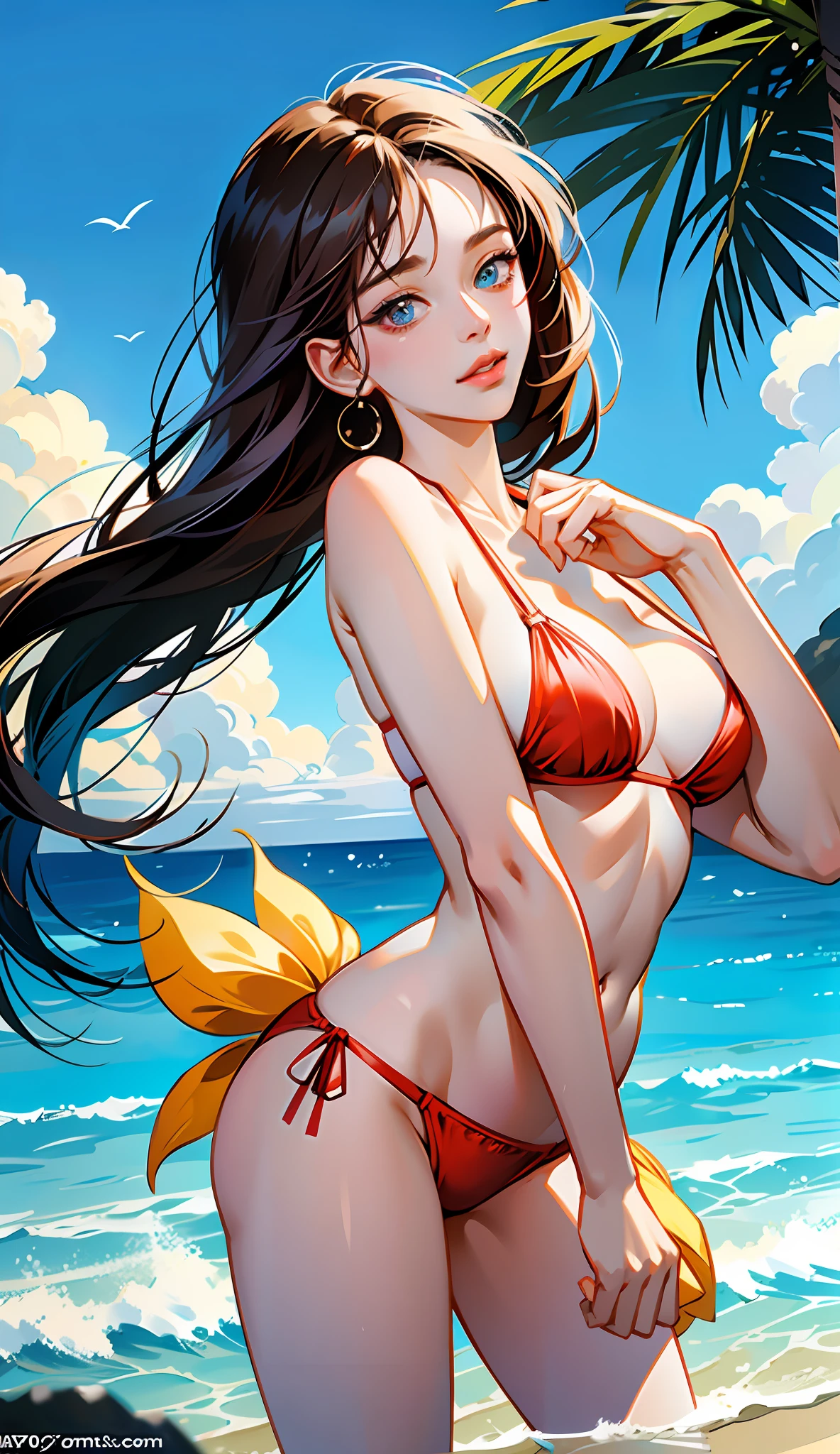 (masterpiece),(best quality:1.0), (ultra highres:1.0), detailed illustration, 8k, anime, 1girl, sexy anime girl, half body shot, sling bikini, perfect breasts, busty figure, perfect curves, pretty face, detailed face, beautiful eyes, detailed eyes, dark red eyes, highlights in eyes, pretty lips, beautiful stylish hair, highlights in hair, on a beach, sunny day, best quality