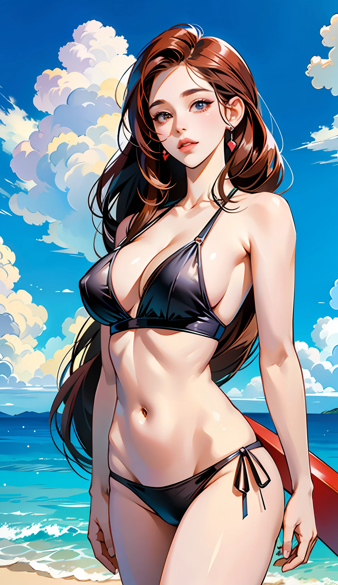 (masterpiece),(best quality:1.0), (ultra highres:1.0), detailed illustration, 8k, anime, 1girl, sexy anime girl, half body shot, sling bikini, perfect breasts, busty figure, perfect curves, pretty face, detailed face, beautiful eyes, detailed eyes, dark red eyes, highlights in eyes, pretty lips, beautiful stylish hair, highlights in hair, on a beach, sunny day, best quality