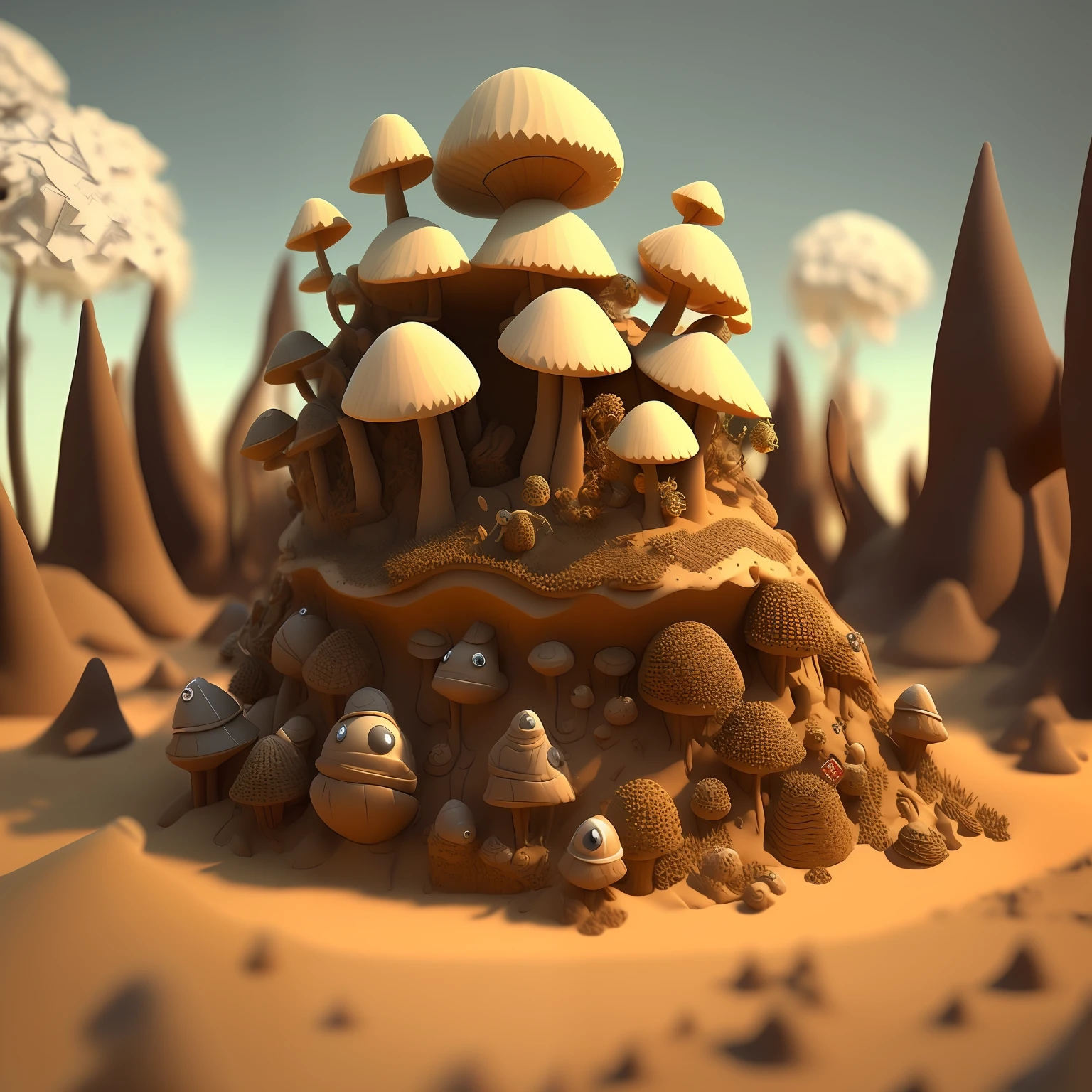 An 3D anthill made of sands and big toadstool , forest atmosphere