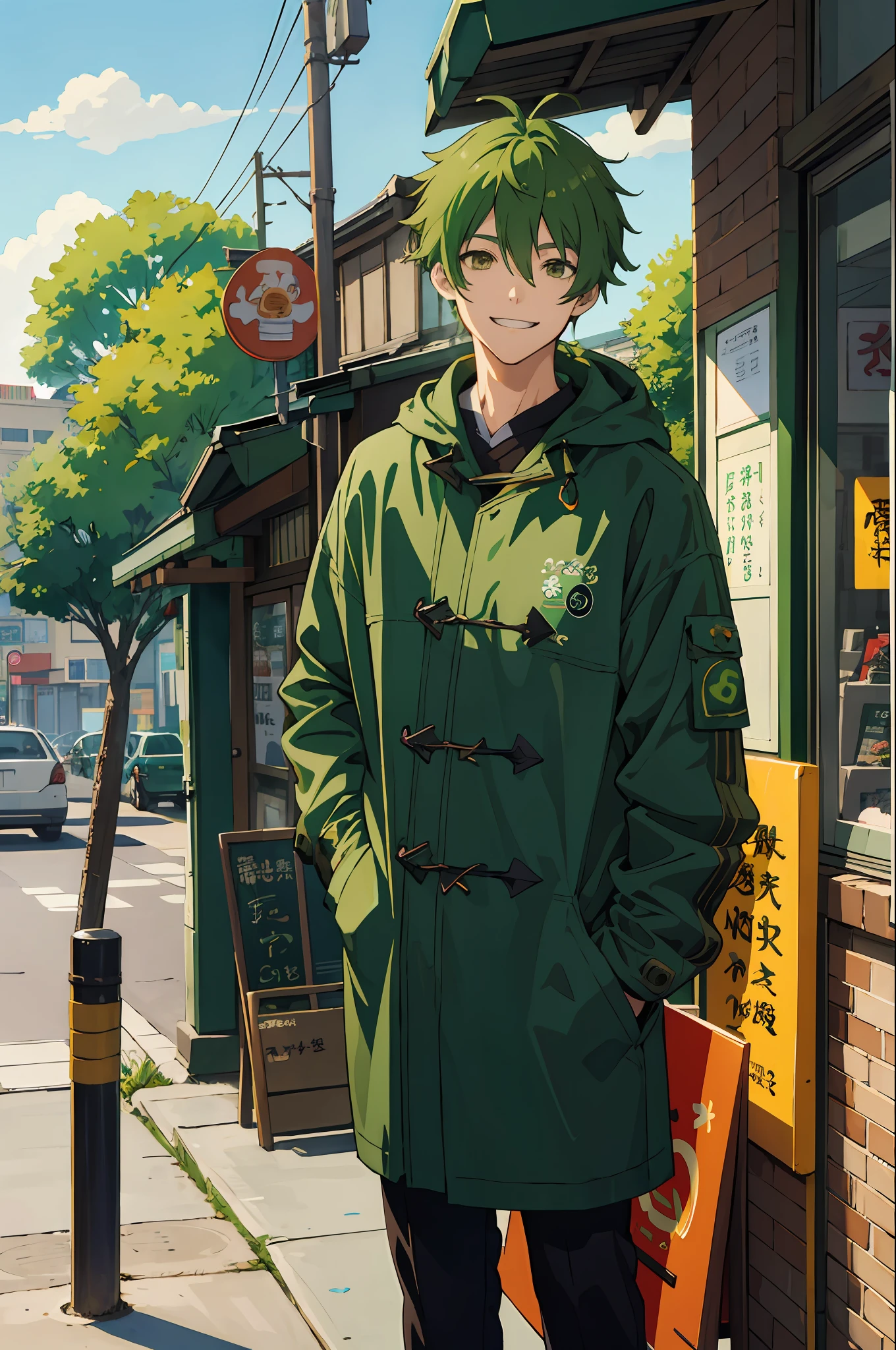 Green hair, brown eyes, Asperm hairstyle, anime male character, wearing casual coat, pixiv, Shin hanga, anime boy, inspired by anime moe art style received anime picture style, sunny, now in front of convenience store, lively and cheerful, smiling