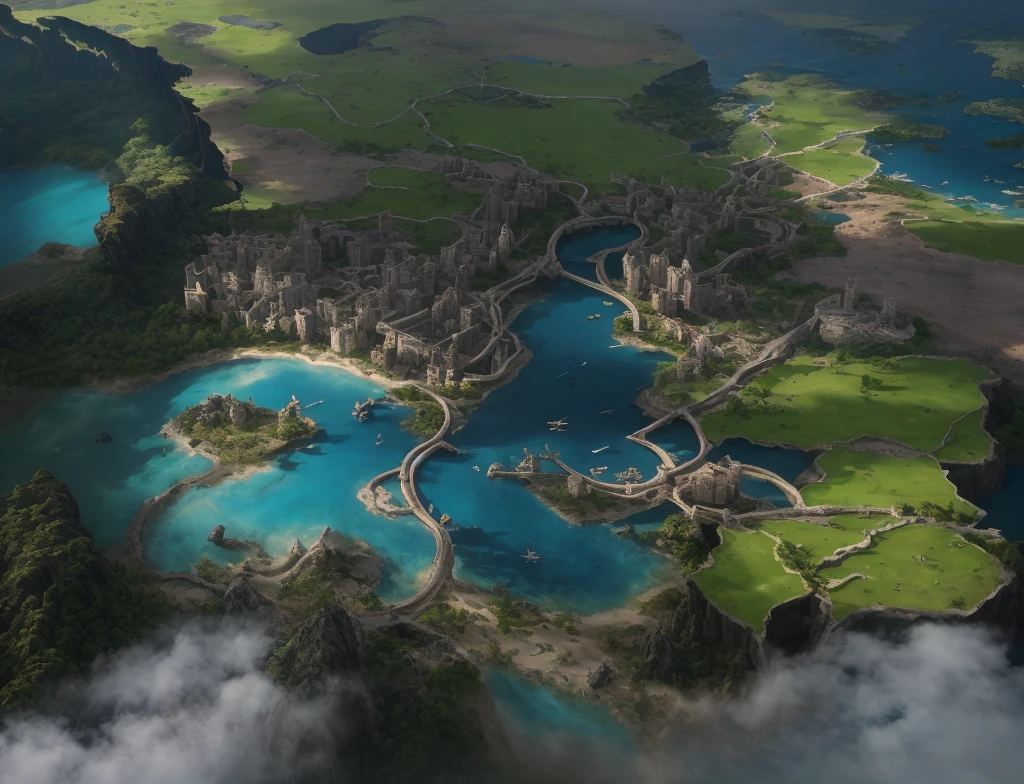 Alafid view of Big Island with river, woods, sandy beaches, grasslands, mesas, mountains, game map mask painting, concept art highly detailed, Final Fantasy VLL world concept, Dota frosted painting concept art, highly realistic concept art, Dota! Matte Painting Concept Art, Highly Detailed Concept Art, Conceptual World Art, Matte Painting Mysterious Dota Pixar, 3D Rendering and Matte Painting, Clean, Clear,
