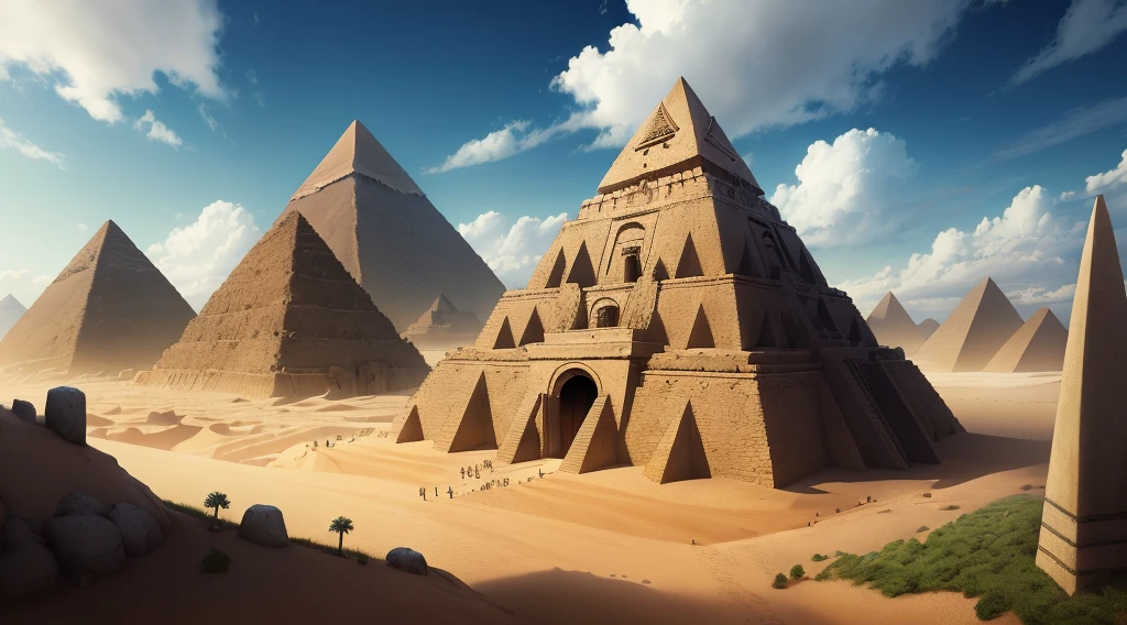 landscape with pyramids and mythological monsters around
