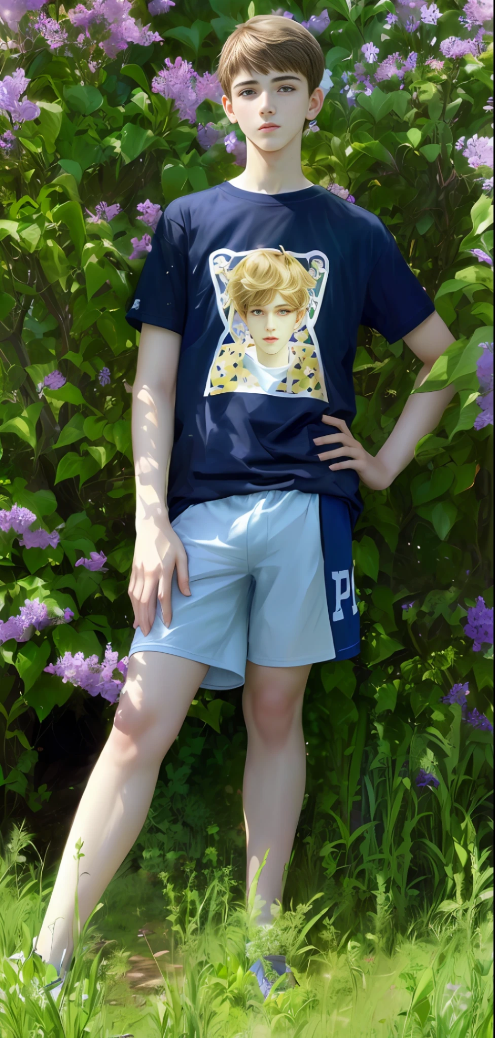 Standing in front of a bush of purple flowers, the deity of spring, in a field of flowers, in shorts and a T-shirt, 16 years old, a boy of 16 years old. angel, beautiful eyes, angelic look, innocent, sweet, gentle boy, virgin look, very handsome boy, big bulge between the legs, big sticking out of the shorts, young male, slender boy, dignity sticking out in the shorts, big bulge on the shorts between the legs, the sticks out of the shorts a lot, a big bulge between the legs, the sticks out of the shorts, the bulge between the guy's legs is clearly visible