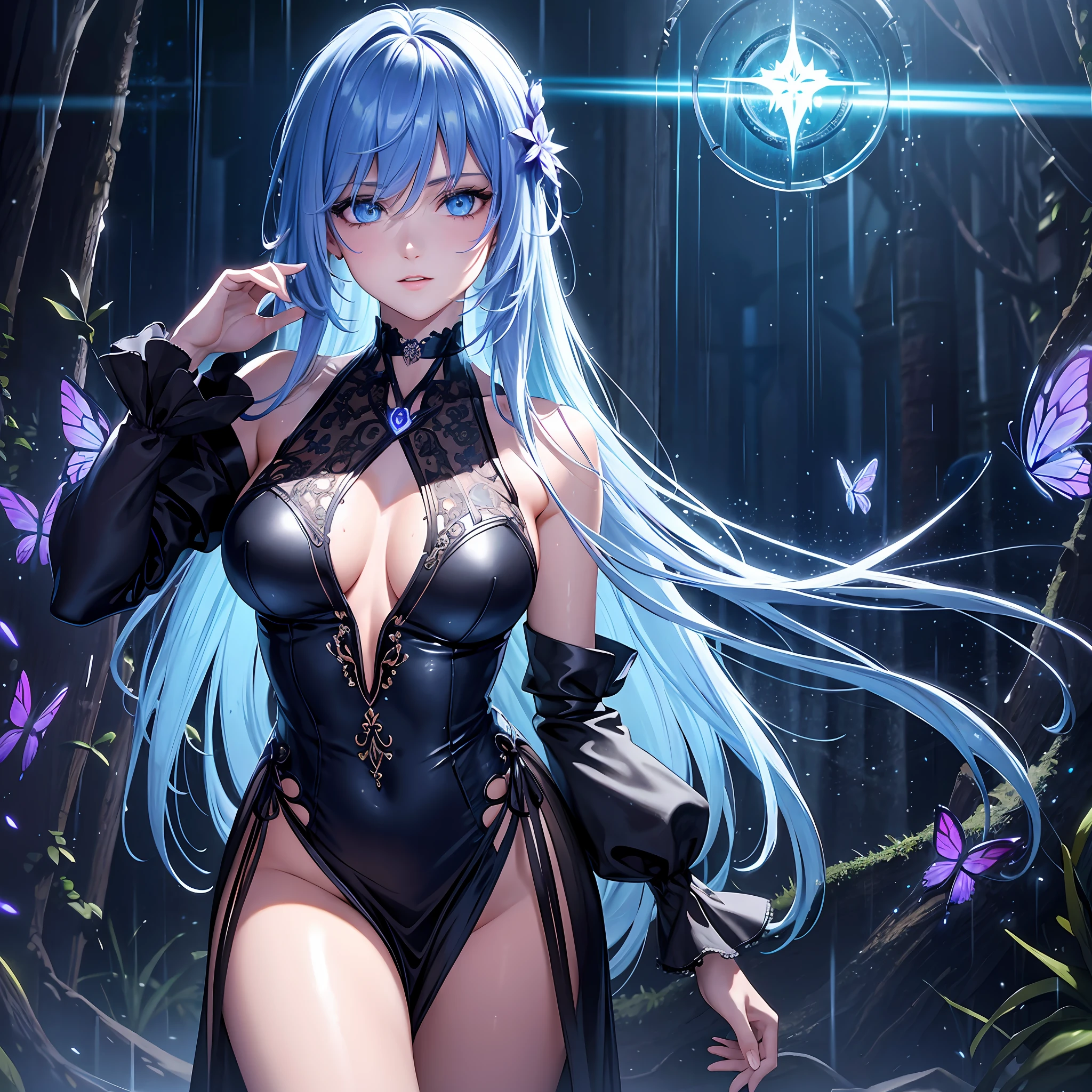 illustration, cinematic light, highres, highest quallity, ultra detailed, detailed face, (detailed eyes), best quality, hyper detailed, masterpiece, (detailed face), clean face, sexy mature woman wears transparent (torn) cloths, floating cloth, see through, choker, open cloths, nsfw, high heels, blue eyes, neon tiny glowing hair ends, dark fantasy forest, glowing plants with neon details, dark magic, (portal:1.15) to the underworld in the background, light reflection, heart shaped iris, playful eyes, open shoulder, rain, (wet body), tiny glowing butterfly, hair jewery