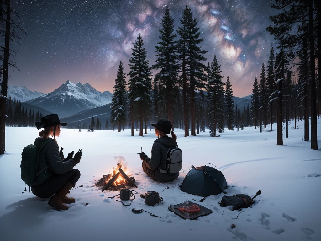masterpiece, top quality, super definition, illustration, girl alone, solo, outdoor, camping, night, mountain, nature, stars, moon, bonfire, tent, twin ponytails, green eyes, cheerful, happy, backpack, sleeping bag, camping stove, water bottle, mountain boots, gloves, sweater, hat, flashlight, forest, rock, river, tree, smoke, shadow, contrast, clear sky, constellation Milky Way, calm, quiet, quiet , secluded, adventurous, exploration, escape, independence, survival, resourcefulness, challenge, perseverance, stamina, endurance, observation, intuition, adaptability, creativity, imagination, artistry, inspiration, beauty, awe, wonder, gratitude, relaxation, fun, rejuvenation, mindfulness, awareness, connection, harmony, balance, texture, detail, realism, depth, perspective, composition, color, light, shadow, contrast, foreground, center, background, nature, figurative, representationalism, impressionism, expressionism, abstract, innovative, experimental, unique