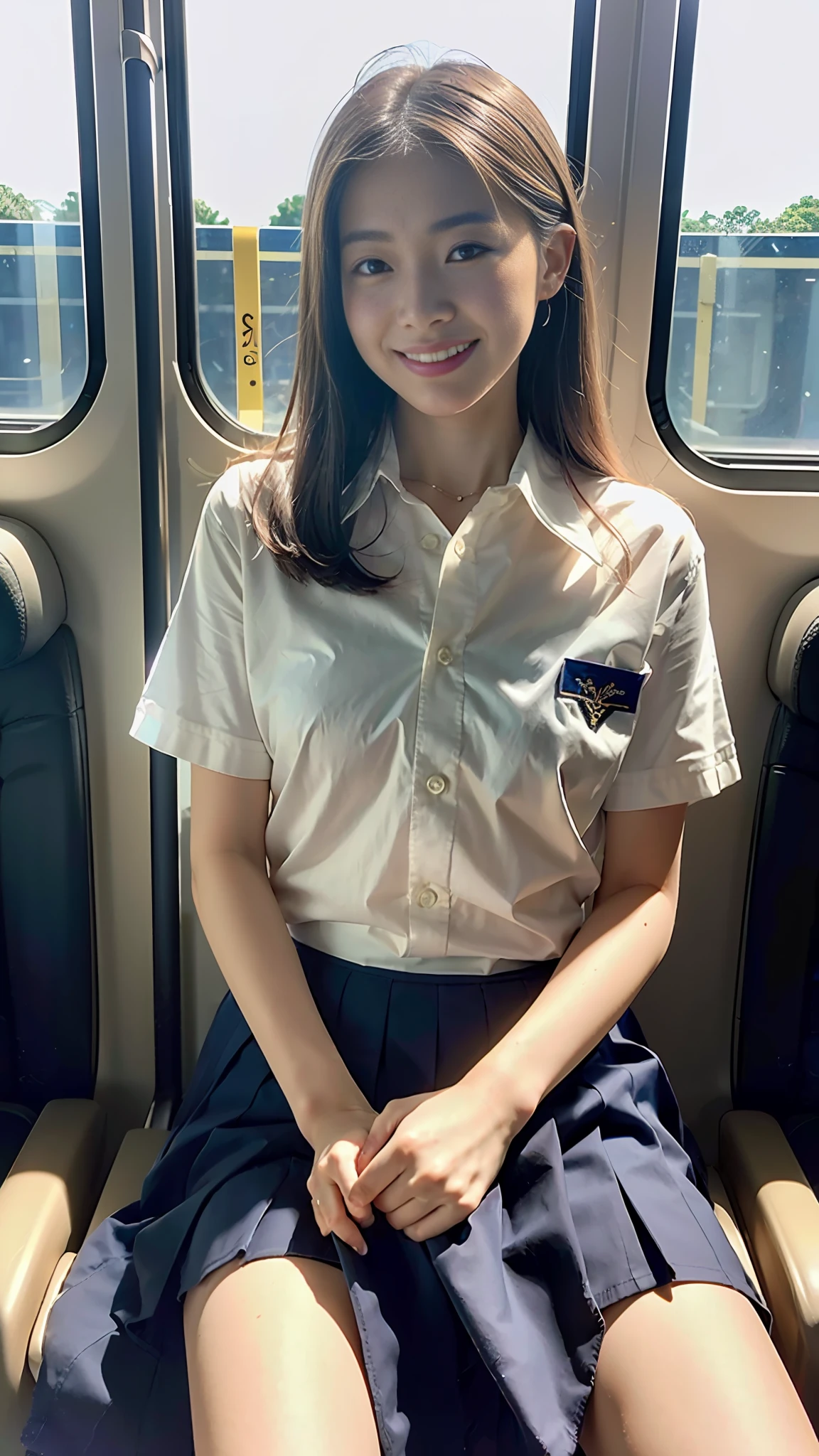Highest quality, full body detail, golden ratio, (theater lighting: 0.7), masterpiece, viewer angle shot, ( 18 year old japanese girl student wearing school uniform), looking straight happy and slightly embrassing, (sitting on the train legs open wide), skirt lifting, showing up her panty by spreading her thighs (clear detailed panty), best thigh anatomy, full body portrait, perfect face, amazing eyes, vivid details, (highly detailed skin), (blood: 0.7), accent lighting (backlight: 0.5), depth of field, iPhone 6, 50mm lens, f/4 aperture, (super detail), sharp focus, soft colors, 8k , conscious, 8mm film grain, eye level shot,