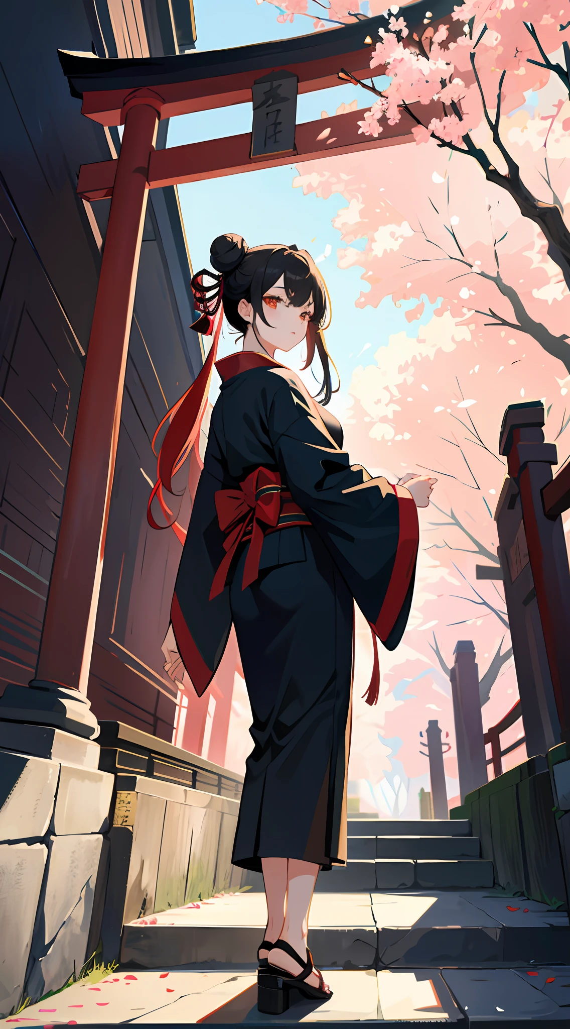 ((Masterpiece, Best Quality)), (More details), 2 girls, black kimono, black garter, black ribbon, black hair, cherry blossoms, days, flowers, hair bun, hair ribbon, Japanese clothes, kimono, long hair, look at the audience, look back, multiple girls, belt, outdoors, red eyes, red hair, ribbon, sandals, single hair buns, stairs, standing, statue, torii, tree, white kimono, yellow eyes, best wallpaper 4k, ray tracing