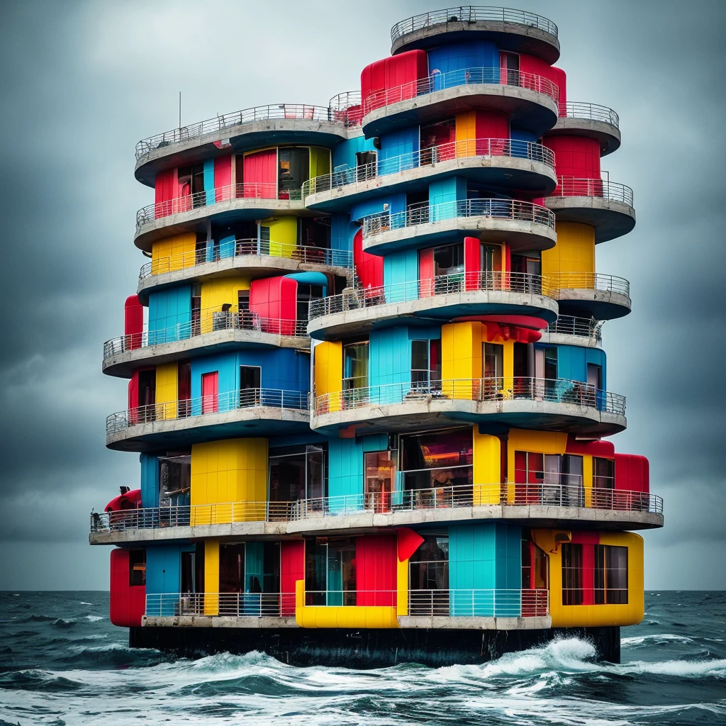 ultra hyper realistic award winning 4 story oval wavy curved wonky narrow tower building built in the ocean with giant pillar tubes holding the building up by itself alone in the middle of the ocean of water outside made from random built scaffolding, plastic corrugated tubing recycled material of plastic exoskeleton transparent plastic wraparound the building blown in wind making bubble shapes post apocalyptic structure and bubble plastic blown by heavy wind sheets distorted shapes as windows on choppy water ocean, inside are muted warm lights of mix colours red yellow shining, structure standing on a ocean in complete darkness of night, raining is pouring, wet and stormy, a outside people walking around, silhouette of people sitting down reading books people inside the rooms lots of people fishing from the rooms dramatic, dark, sharp focus, 8k