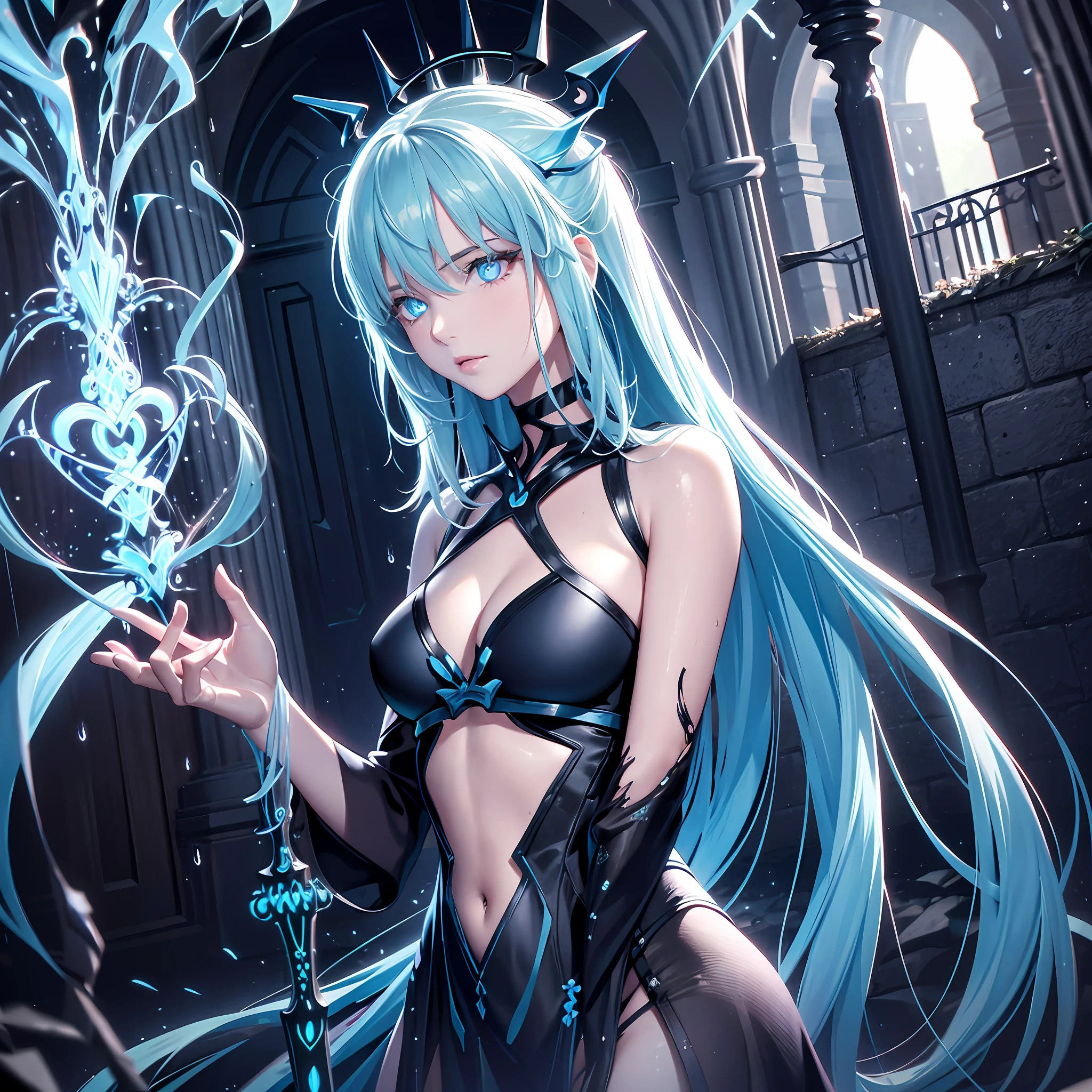 illustration, cinematic light, highres, highest quallity, ultra detailed, detailed face, (detailed eyes), best quality, hyper detailed, masterpiece, (detailed face), clean face, sexy mature woman wears transparent (torn) cloths, floating cloth, see through, choker, open cloths, nsfw, high heels, blue eyes, neon tiny glowing hair ends, dark fantasy forest, glowing plants with neon details, dark magic, (portal:1.15) to the underworld in the background, light reflection, heart shaped iris, playful eyes, open shoulder, rain, (wet body), tiny glowing butterfly, hair jewery