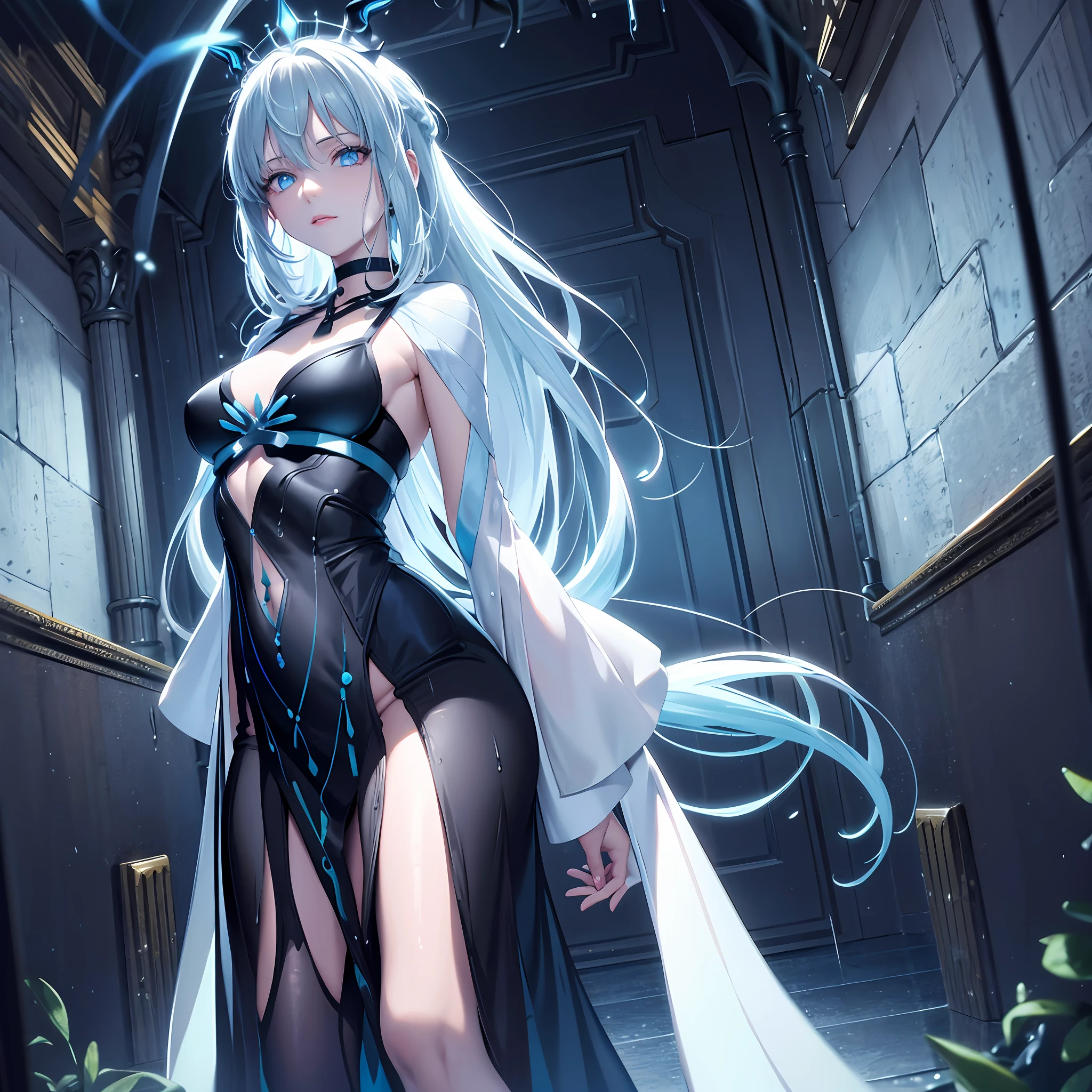 illustration, cinematic light, highres, highest quallity, ultra detailed, detailed face, (detailed eyes), best quality, hyper detailed, masterpiece, (detailed face), clean face, sexy mature woman wears transparent (torn) cloths, floating cloth, see through, choker, open cloths, nsfw, high heels, blue eyes, neon tiny glowing hair ends, dark fantasy forest, glowing plants with neon details, dark magic, (portal:1.15) to the underworld in the background, light reflection, heart shaped iris, playful eyes, open shoulder, rain, (wet body), tiny glowing butterfly, hair jewery