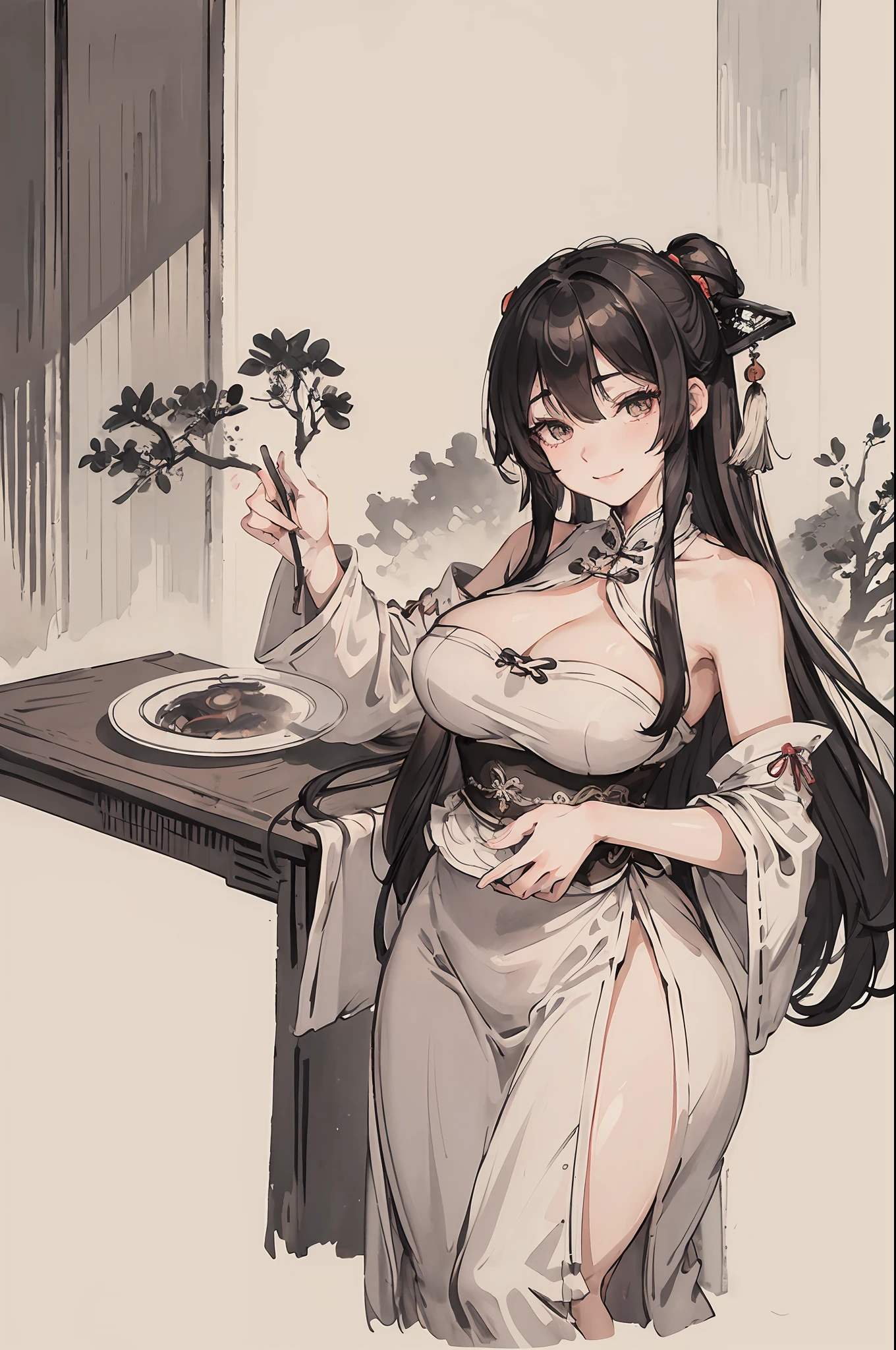 (masterpiece, best quality: 1.2), traditional Chinese ink painting, A cute 20 year old sexy women with gigantic breasts, sexy white lace , Oversized dress :1.5, Couch, Ultra-detailed face, Detailed eyes, Double eyelid, sfw , evil smile:1.4 ,emphasizing slender abs :1.3