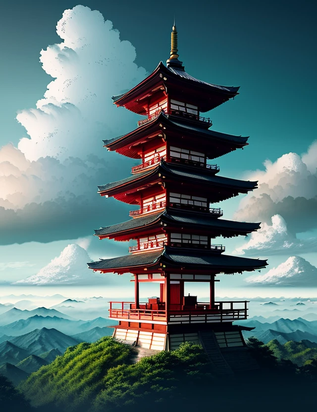 Japanese pagoda surrounded by clouds in the style of Ralph Steadman, Marko Manev, concept art, matte painting,
highly detailed, rule of thirds, dynamic lighting, cinematic, detailed,
magnificiant landscape, denoised, centerd, HDR, 8K