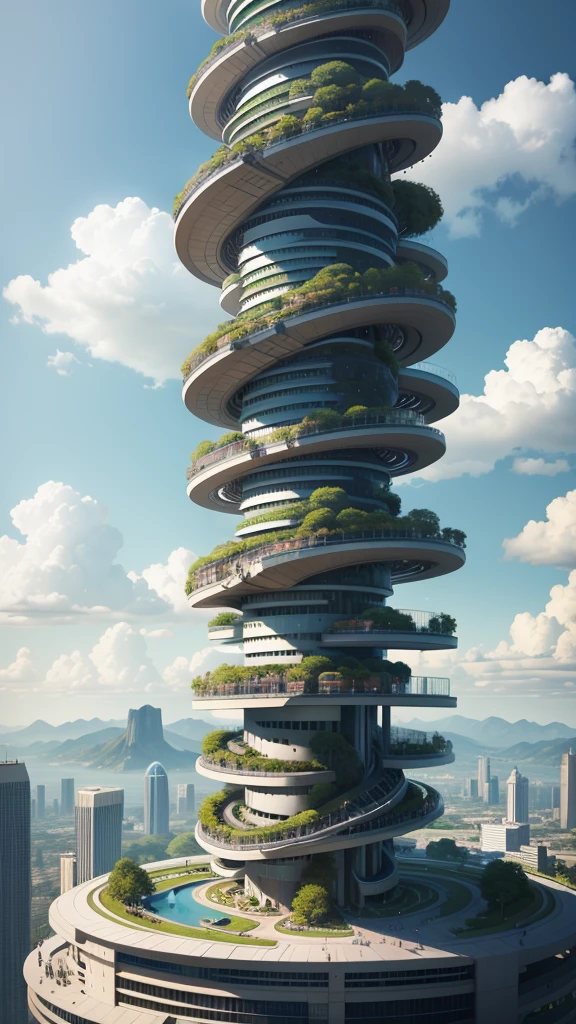 arafed spiral - shaped building with a green roof and a sky background, futuristic tower, futuristic skyscraper, twisted giant tower, inspired by Zha Shibiao, two organic looking towers, by Zha Shibiao, future architecture, flawless structure, futuristic architectural art, futuristic architecture concept, vincent callebaut, taller than a skyscraper
