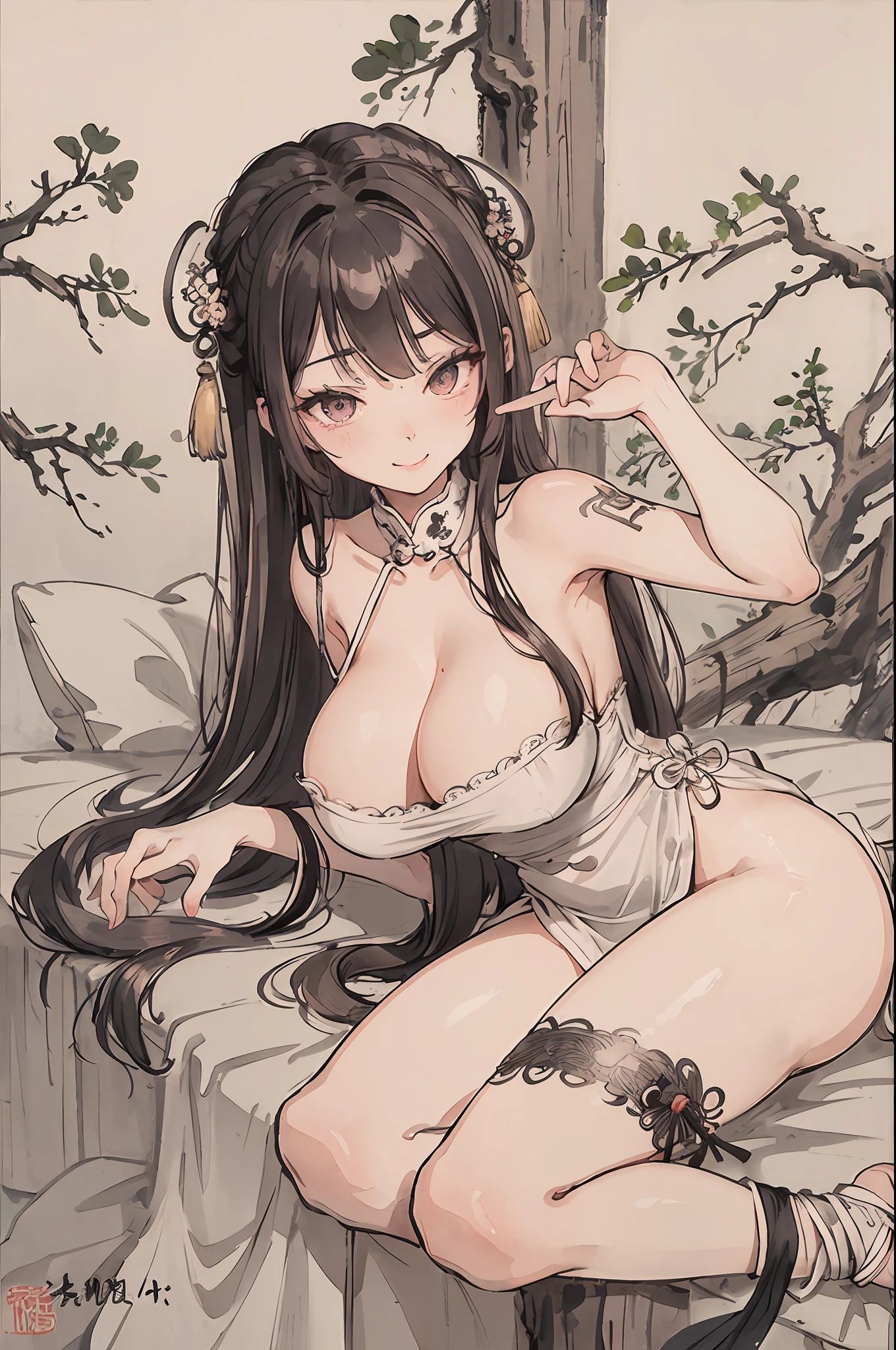 (masterpiece, best quality: 1.2), traditional Chinese ink painting, A cute 20 year old prostitute with gigantic breasts, sexy white lace , Oversized dress :1.5, Couch, Ultra-detailed face, Detailed eyes, Double eyelid, sfw , evil smile:1.4 ,emphasizing slender abs :1.3, , snake tattoo
