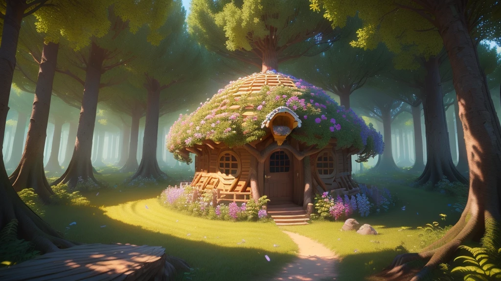 masterpiece, best quality, (extremely detailed CG unity 8k wallpaper), (best quality), (best illustration), (best shadow), A round beehive hut covered with flower petals,,(Forest tree house),Hexagonal,honeycomb decoration,isometric 3D, octane render,ray tracing,ultra detailed