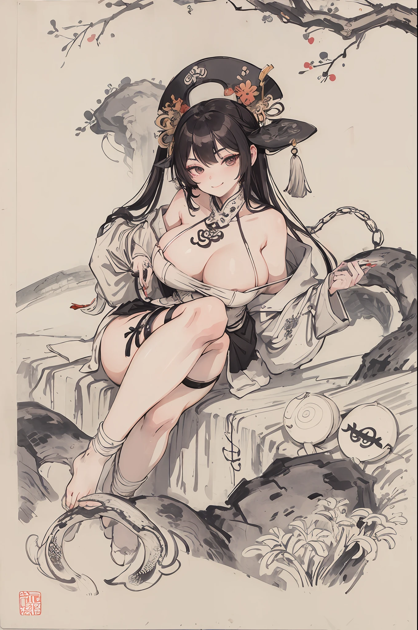 (masterpiece, best quality: 1.2), traditional Chinese ink painting, A cute 20 year old prostitute with gigantic breasts, sexy white lace , Oversized dress :1.5, Couch, Ultra-detailed face, Detailed eyes, Double eyelid, sfw , evil smile:1.4 ,emphasizing slender abs :1.3, , snake tattoo