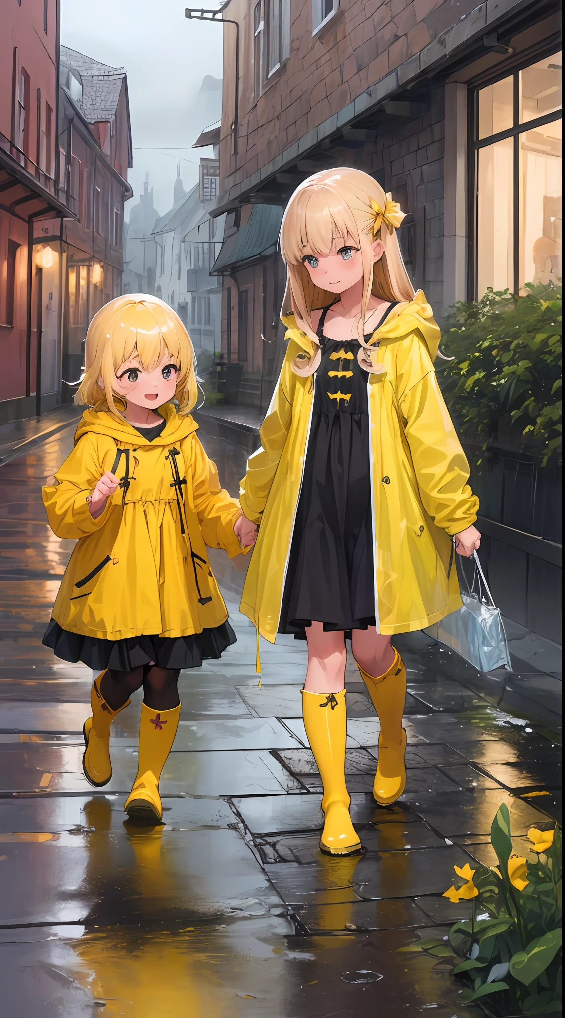 absurdres , highres, ultra detailed,  (2girls:1.3), sundress, [:blonde hair:2], yellow raincoat with hood, BREAK , happy, rain, rubber boots, water drop, cloudy sky, puddle, Splash of water, Old-fashioned European town, walking. 8k, two beautiful girls,