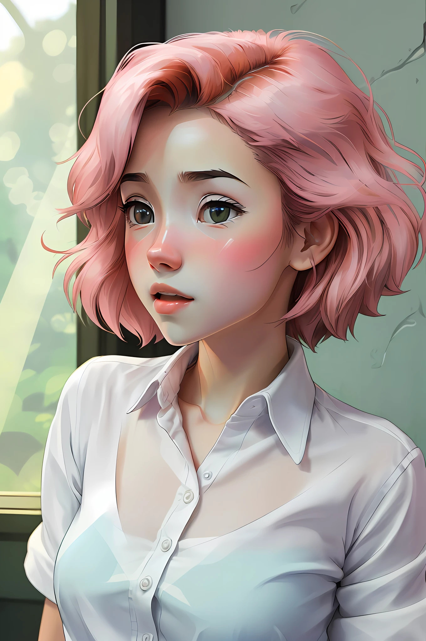 (dreamlikeart style:0.8),(redshift style:1.1),(style, (studio_ghibli_anime_style style: 0.8), (copeseethemald style: 0.9), bright, thepit bimbo,

[Kay Adams| Tea Leoni], woman, 1girls, solo, detailed face, symmetrical, cute, pronounced cleavage, small chest, lips,
green eyes, realistic pupils, close-up,

pink hair, 
white button-down shirt, red thong, thong,
thigh-high thong,

centered, looking aside, standing, centered, skin pores, realistic skin, subsurface skin dispersion, detailed skin, shiny skin, abdomen,

ship, detailed background, articles,
realistic proportions, blush, retro, 1800, vintage,

rays of light, caustic, 

masterpiece, best quality, realistic, hyperrealistic, sharp focus, absurdities, good anatomy,