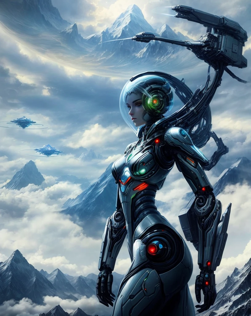 pretty android cyborg woman,mountains,clouds,alien world,spaceships