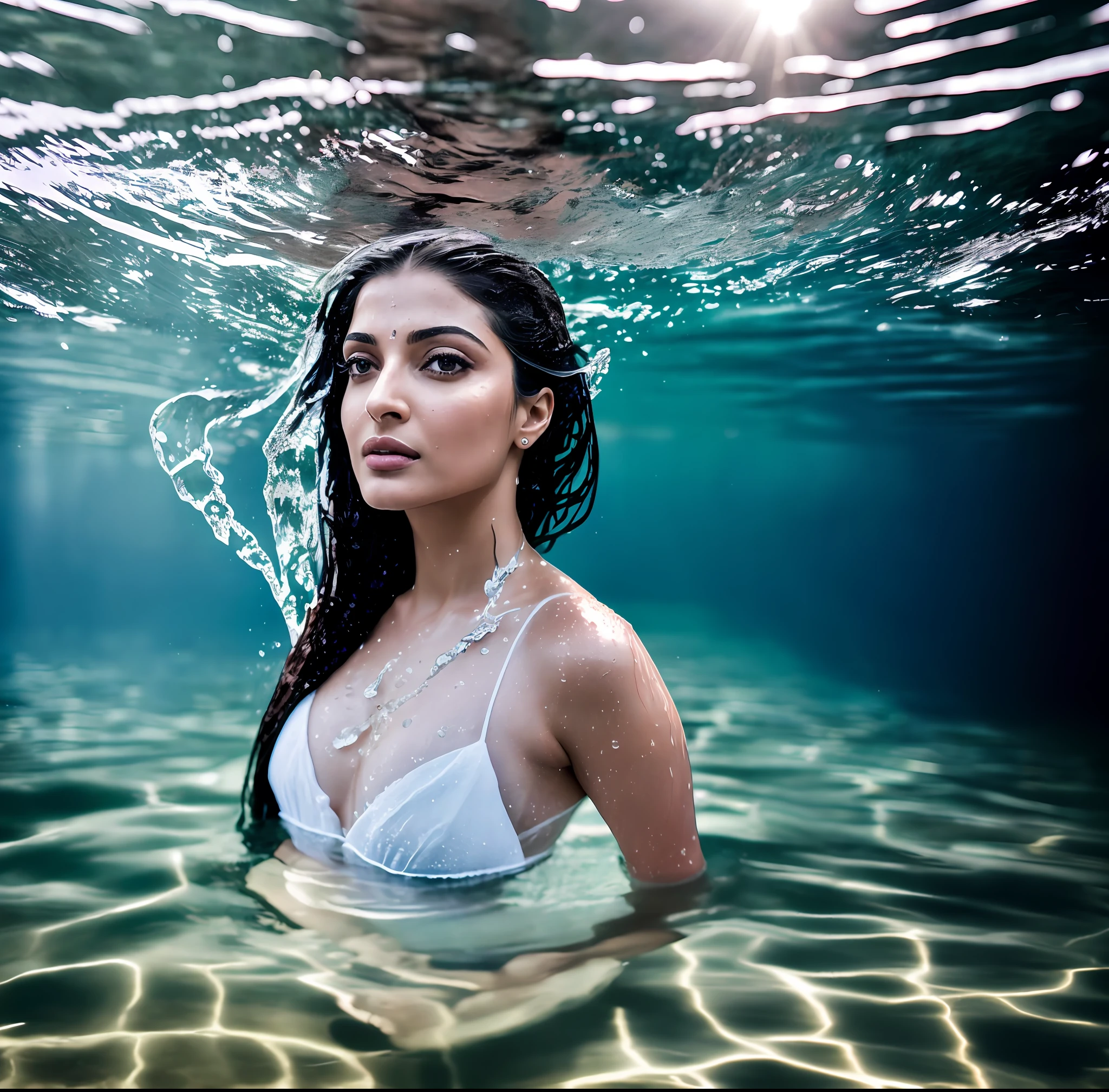 Symmetrical, High Detail RAW Color Photo Professional Close-Up Photo, [:( High Detail Face: 1.2): 0.1], (PureErosFace_V1: 0.8), Double tail, half body, pores, real skin, breast focus, straight up, an 30 year old Aishwarya rai under a waterfall, body in contact with water and ripples around, clear clean water, shining eyes, looking at the audience, wet clothes, transparent clothes, wet body, wet hair, Tyndall effect, lens flare, shadow,, bloom, natural lighting, hard focus, film grain, photographed with a Sony a9 II Mirrorless Camera, by Laurence Demaison