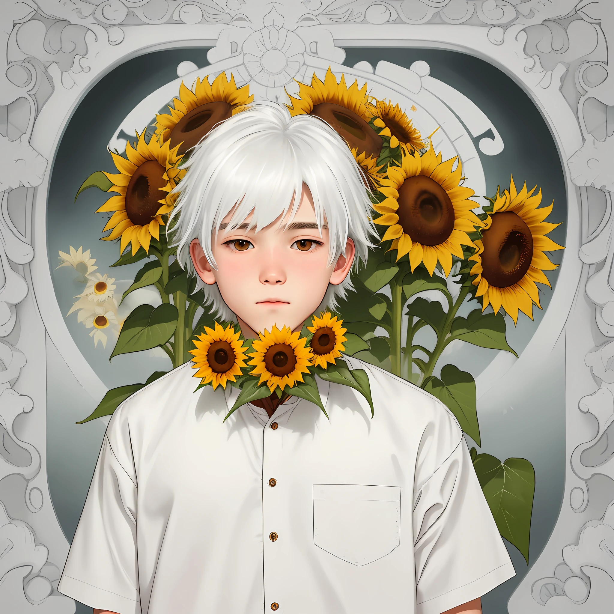 In the left eye is a white-haired boy with sunflowers