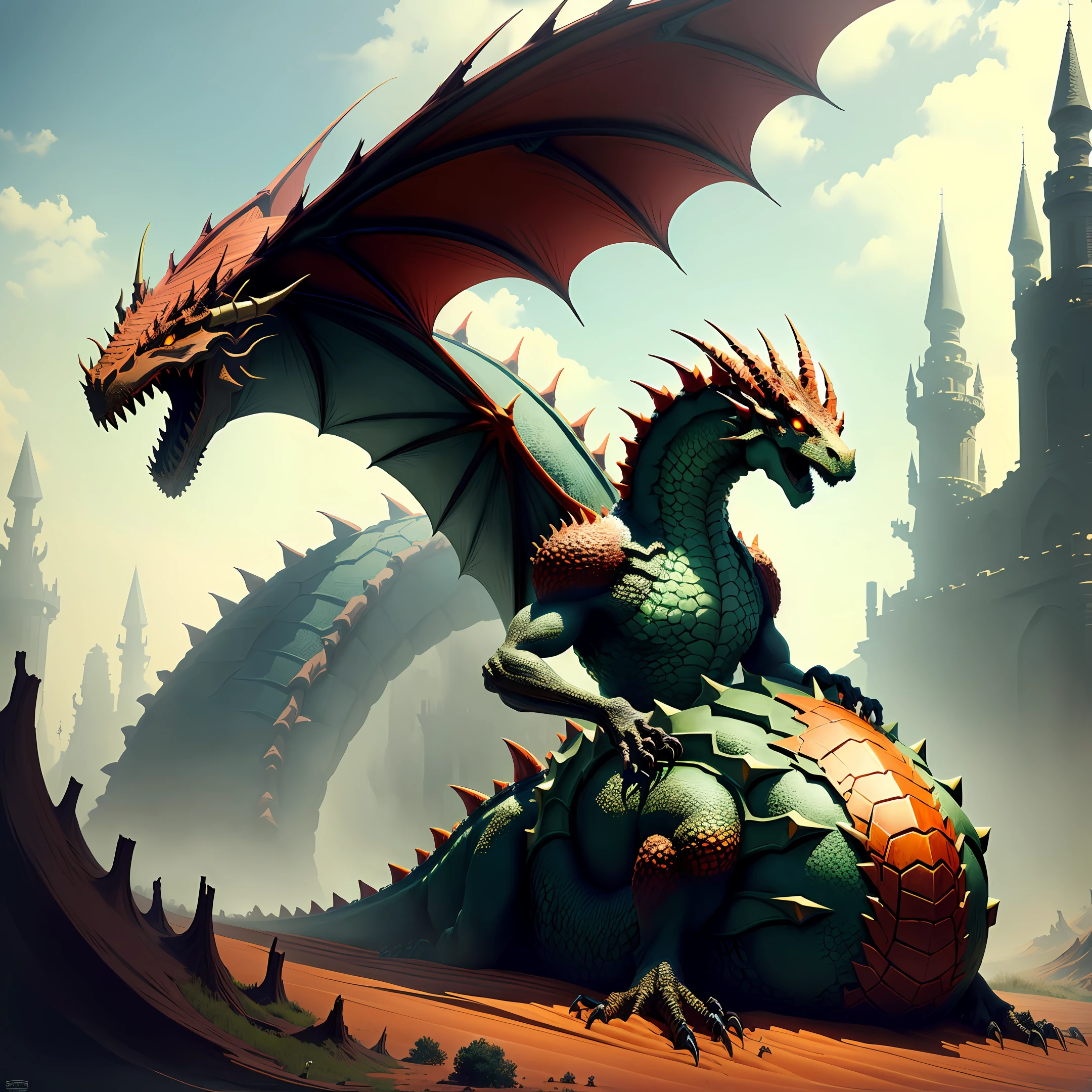 Anthill with a dragon sitting on top, horror, fantasy, art