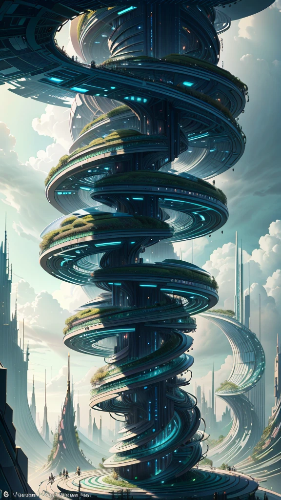 spiral building with a green roof and a sky background, futuristic tower, futuristic skyscraper, twisted giant tower, inspired by Zha Shibiao, two organic looking towers, by Zha Shibiao, future architecture, flawless structure, futuristic architectural art, futuristic architecture concept, vincent callebaut, taller than a skyscraper
