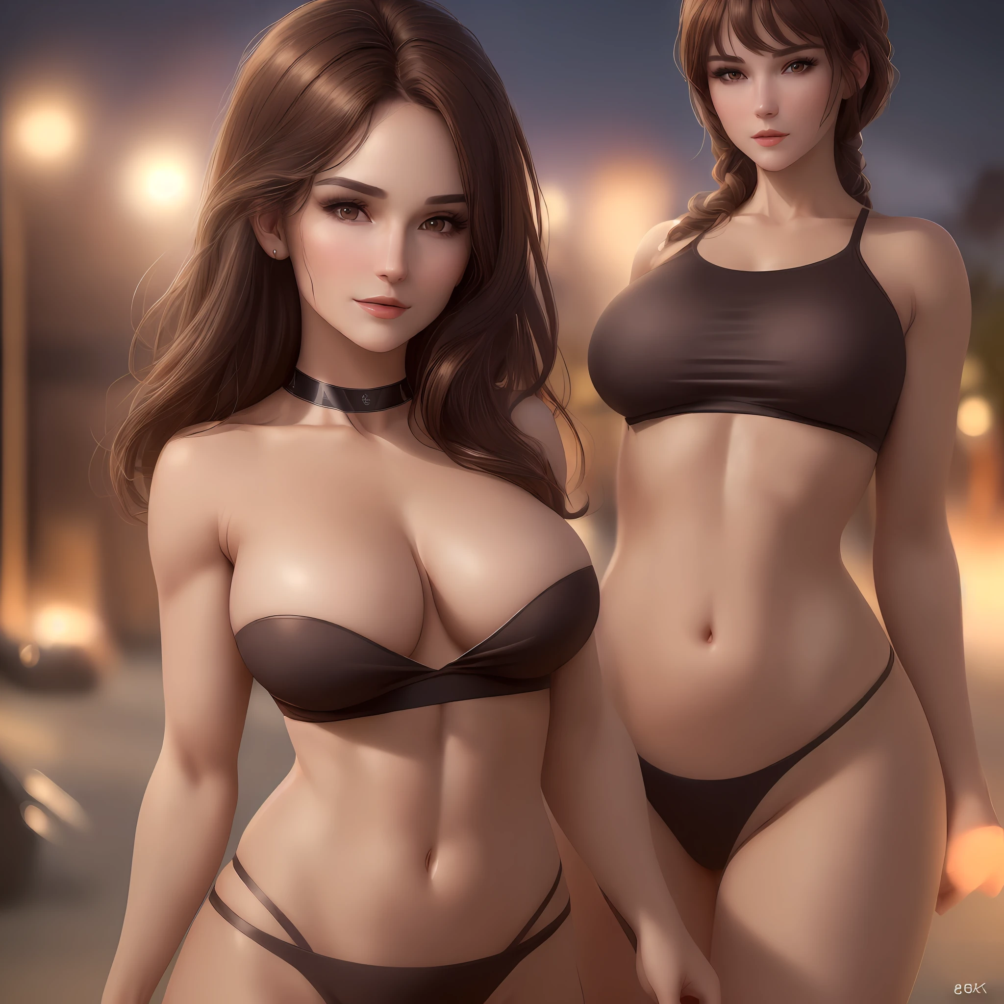 ((Best quality, 8k, Masterpiece :1.3)), Whole body, Sharp focus :1.2, A pretty woman with perfect figure :1.4, Slender abs :1.2, ((Dark brown hair, Big breasts :1.2)), Crop top shirt :1.1, (Night, Outdoor :1.1), Highly detailed face and skin texture, Detailed eyes, Double eyelid