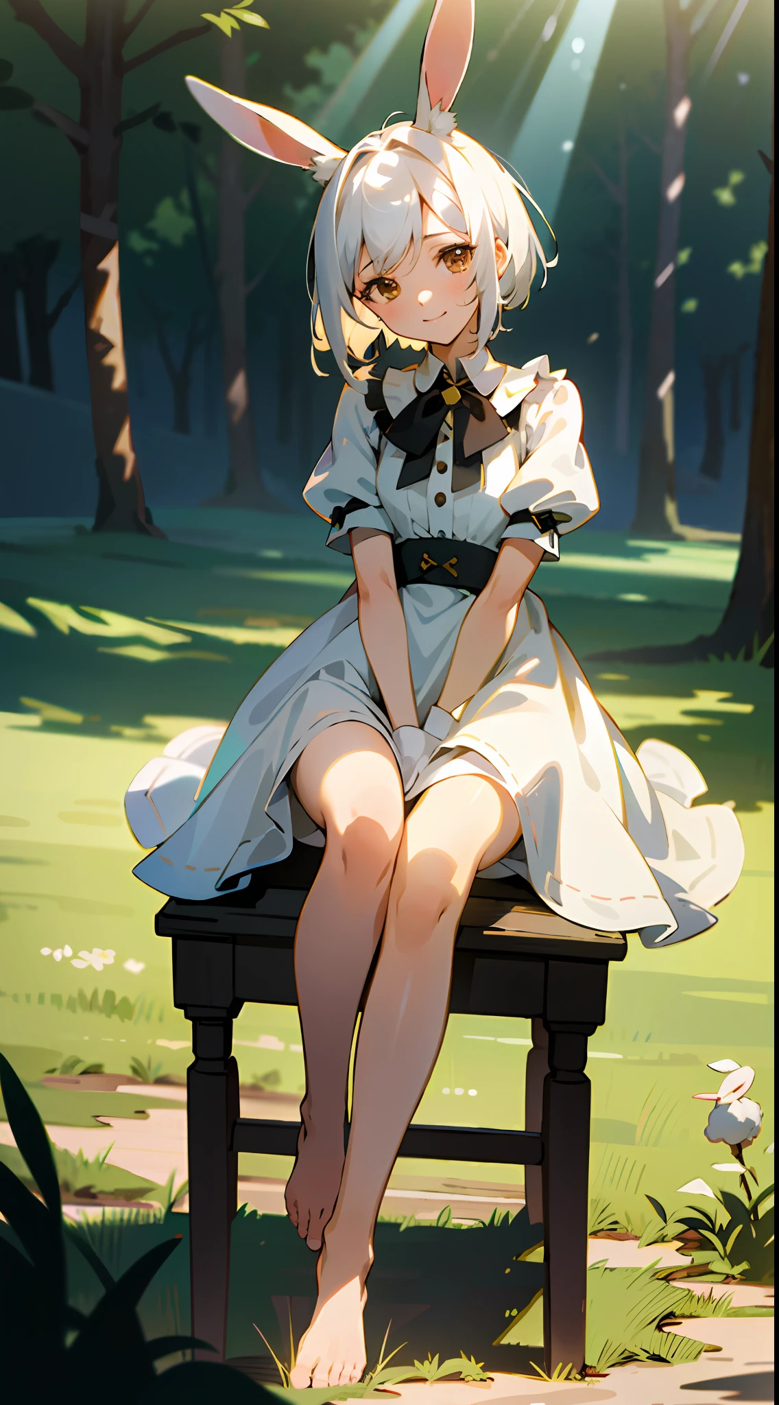 ((masterpiece, best quality)), 1girl, solo, animal ears, rabbit, barefoot, knees up, dress, sitting, rabbit ears, short sleeves, looking at viewer, grass, short hair, smile, white hair, puffy sleeves, outdoors, puffy short sleeves, bangs, on ground, full body, animal, white dress, sunlight, brown eyes, dappled sunlight, day, depth of field, high detail, anime, cinematic lighting, ray tracing, vignetting, chiaroscuro, vanishing point, f/1.8, panorama, UHD, UHD, UHD, retina, masterpiece, anatomically correct, textured skin, high details, high quality, award winning, best quality, highres