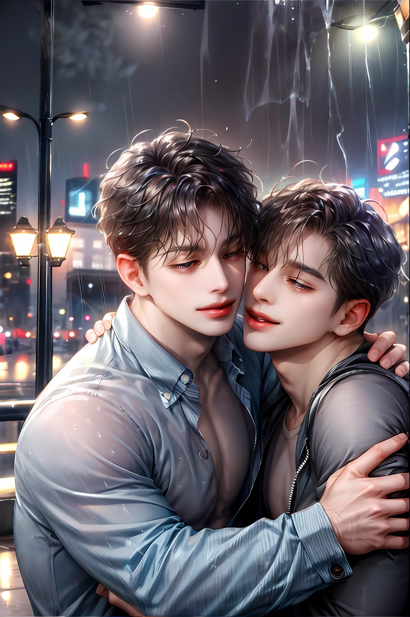 Two gay boys kissing in the rain are in love at night