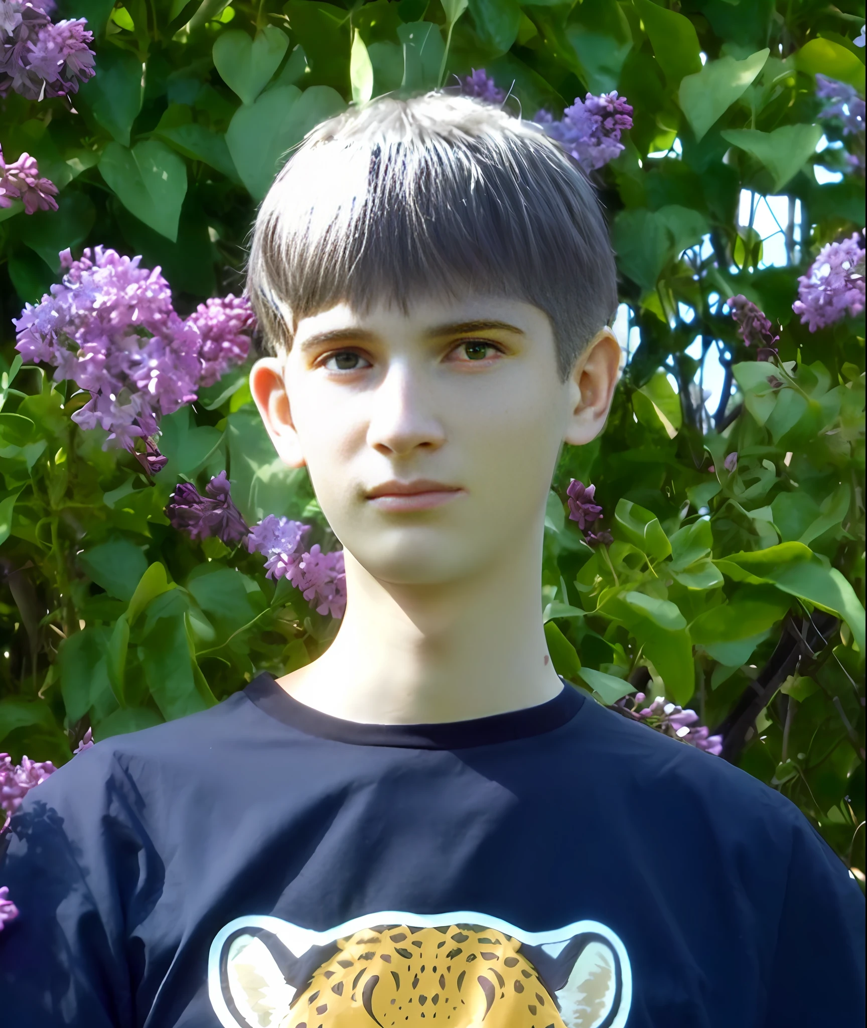 Standing in front of a bush of purple flowers, the deity of spring, in a field of flowers, in shorts and a T-shirt, 16 years old, a boy of 16 years old. angel, beautiful eyes, angelic look, innocent, sweet, gentle boy, virgin look, very handsome boy