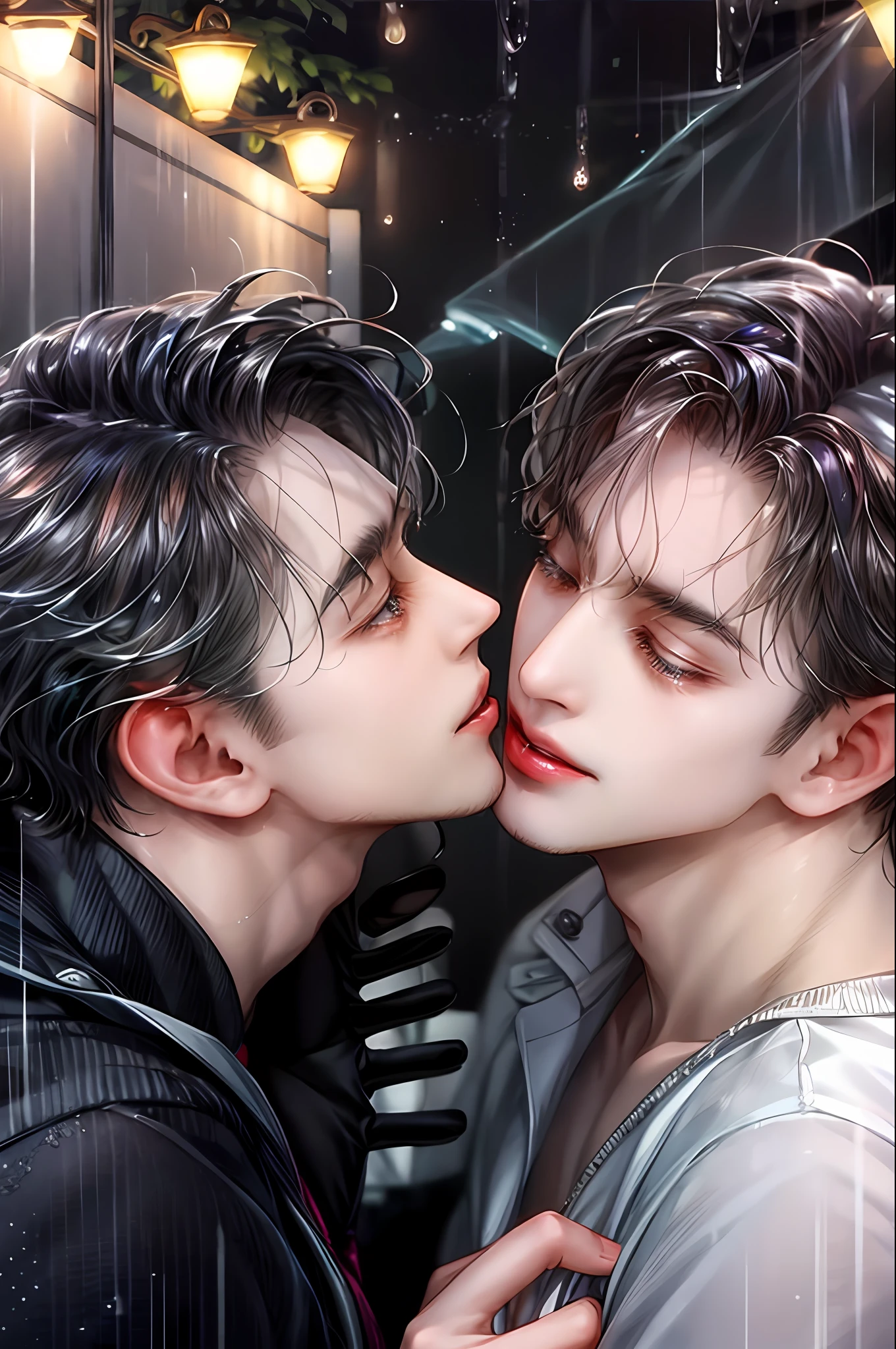 Two gay boys kissing in the rain are in love at night