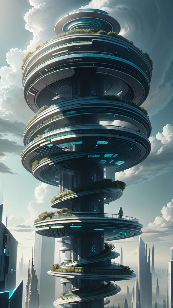 symmetric spiral building architecture with a green roof and sky background, futuristic tower, futuristic skyscraper, twisted giant tower symmetric , inspired by Zha Shibiao, two organic looking towers, by Zha Shibiao, future architecture, flawless structure, taller than a skyscraper