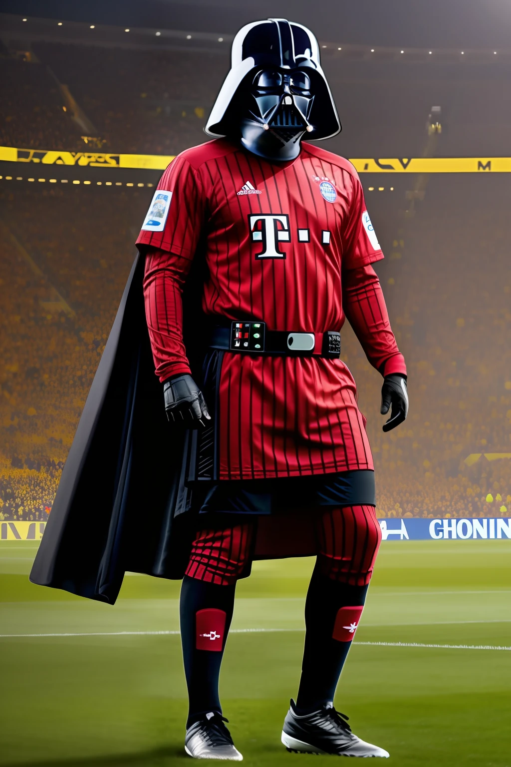 Darth Vader in FC Bayern Munich jersey against pope Franziskus in BvB Dortmund jersey, hyper-realistic, 4k, dynamic