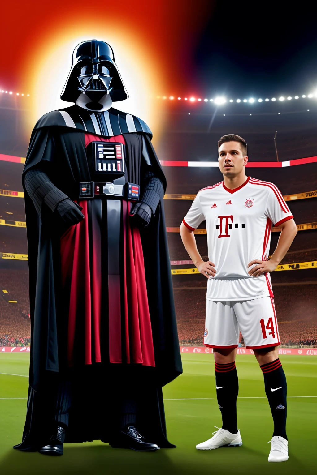 Darth Vader in FC Bayern Munich jersey against pope Franziskus in BvB Dortmund jersey, hyper-realistic, 4k, dynamic