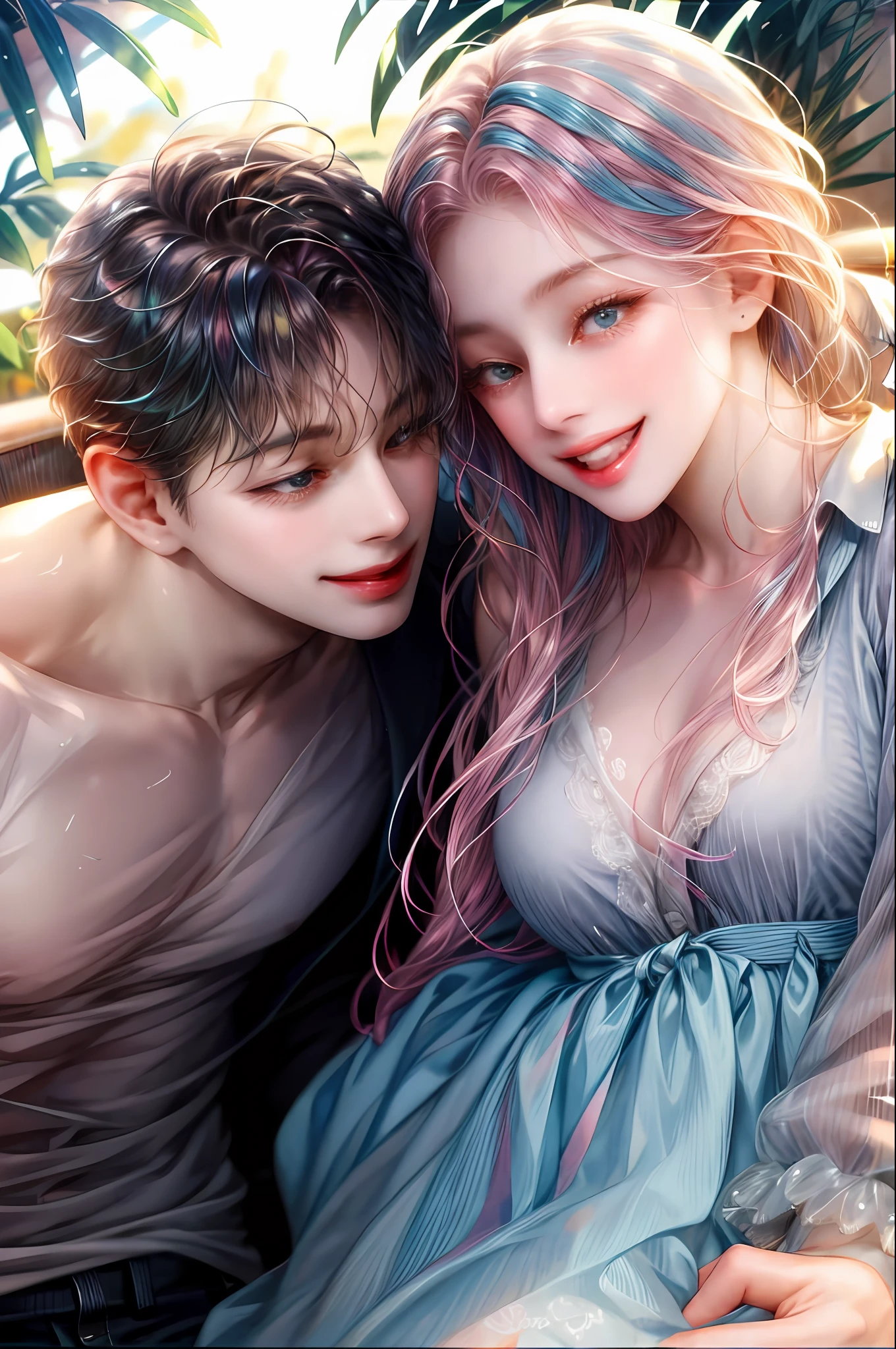 Two boys in love look sweet and happy together, and boys with different hair colors fall in love
