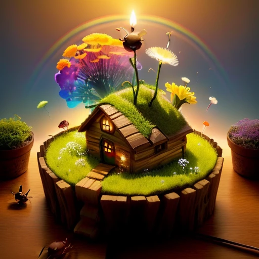 set up a cute birthday anthill habitat, two candles, flying dandelions, a rainbow in the sky, and one with a little ant in a fantasy habitat seen from above at a 45 degree angle