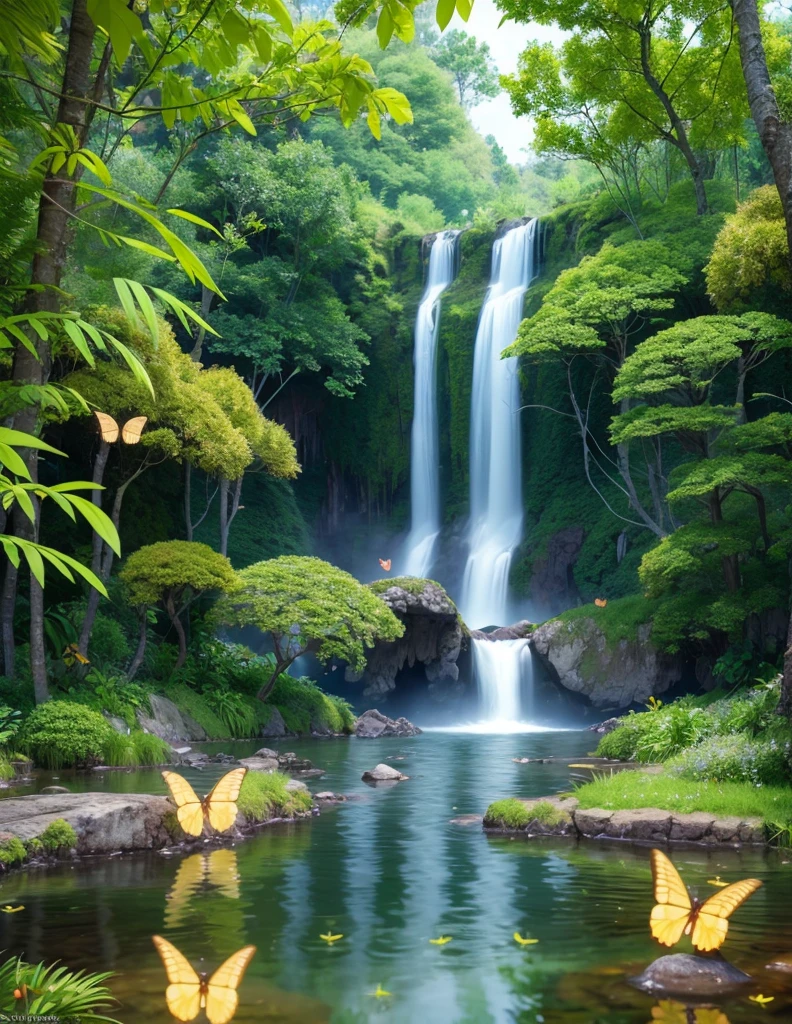 A masterpiece, the best quality, stunning reflections, the best reflections ever. (very detailed CG unity 8k wallpapers), (best quality), (best illustrations), (best shadows), forest theme with natural elements. Tall trees, quiet streams, small glowing mushrooms surrounded by delicate leaves and branches, with fireflies and glowing particle effects,, (natural elements), (jungle theme), (leaves), (twigs), (fireflies), butterflies, (delicate leaves), (glow), (particle effects). , Isometric 3D, Octane Rendering, Ray Traced, Super Detailed