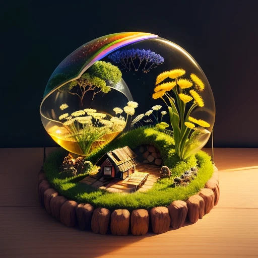 set up a cute birthday anthill habitat, two candles, flying dandelions, a rainbow in the sky, and one with a little ant in a fantasy habitat seen from above at a 45 degree angle