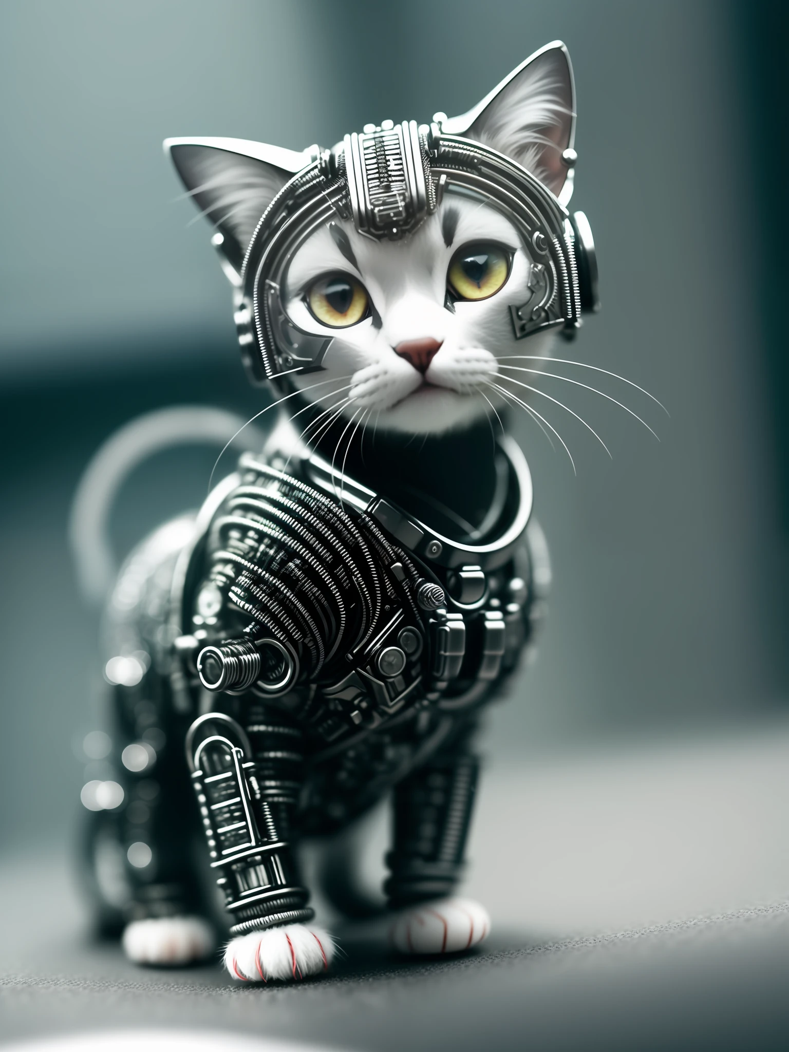 1 cute kitten made of metal, (cyborg:1.1), ([tail | wire]:1.3), (intricate detail), hdr, (intricate detail, hyperdetail:1.2), cinematic shot, center,