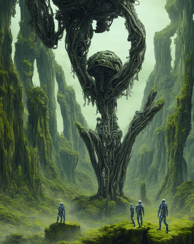 humans in techsuits,alien world,alien plants,alien monsters,alien landscape