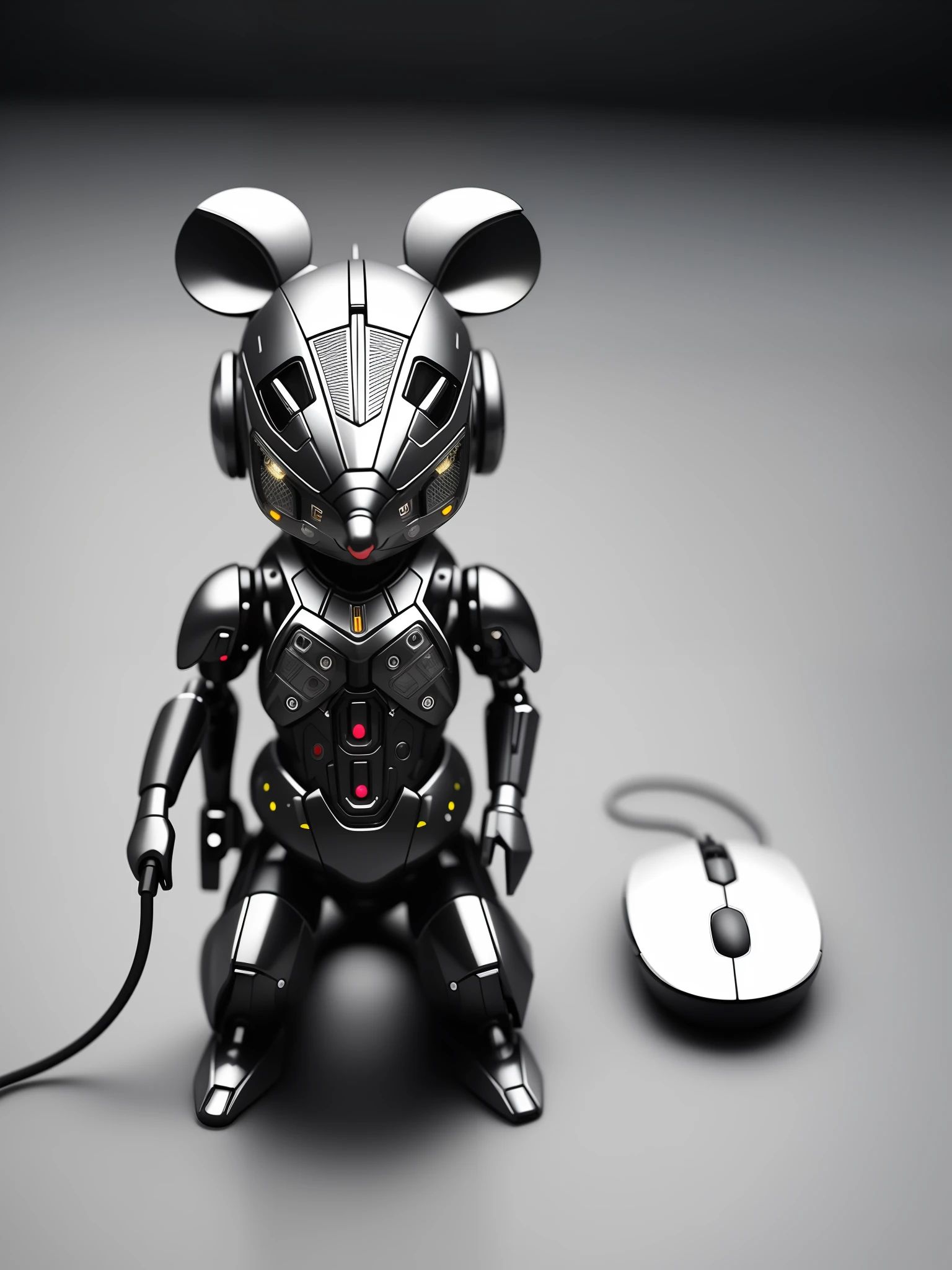 1 cute mouse made of glossy metal, (cyborg:1.1), (intricate detail), hdr, (intricate detail, hyperdetail:1.2), cinematic shot, center, sturdy legs, wireless, monochrome dim background,